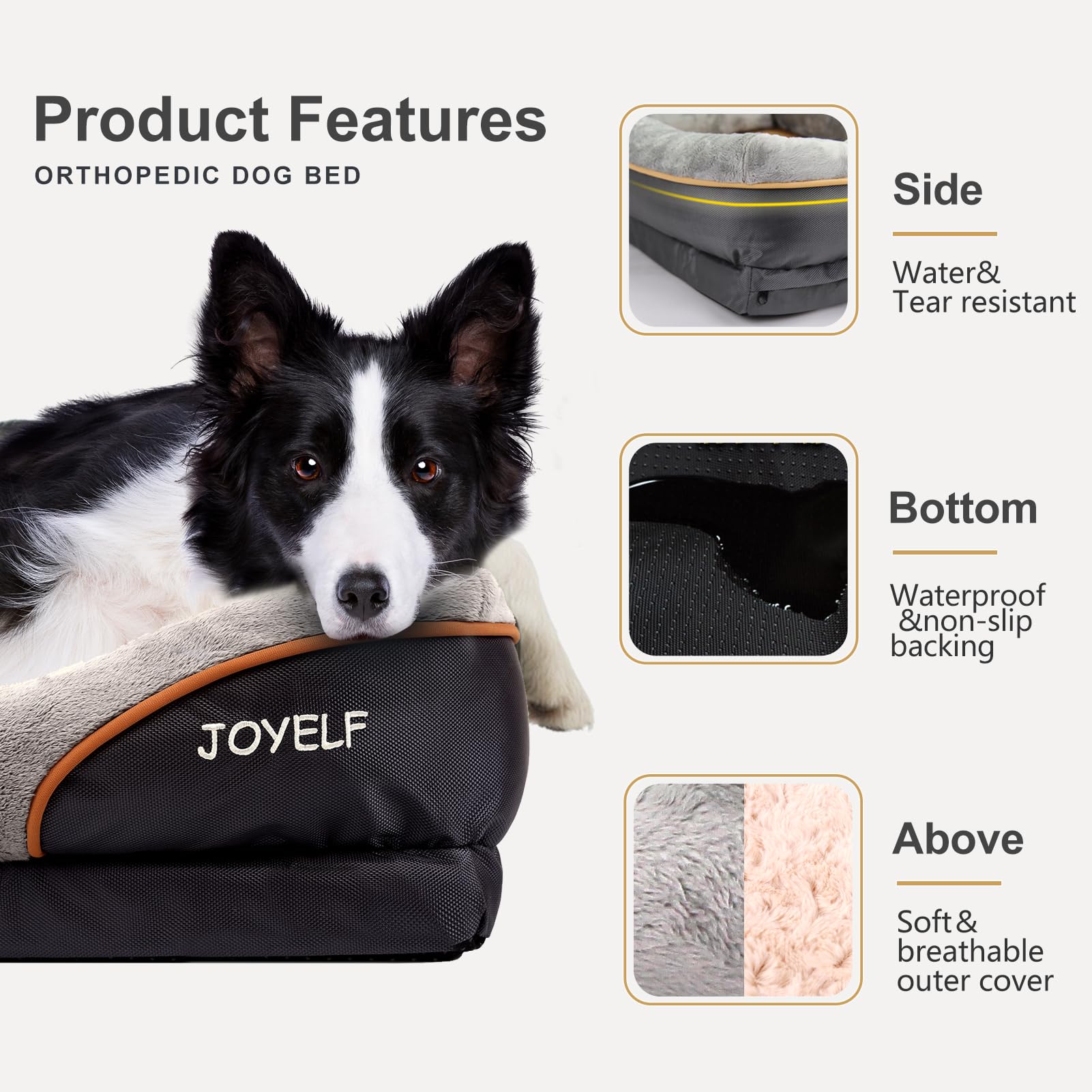JOYELF Medium Orthopedic Dog Bed - Gray Memory Foam with Removable Cover & Squeaker Toy, Model JEB0010