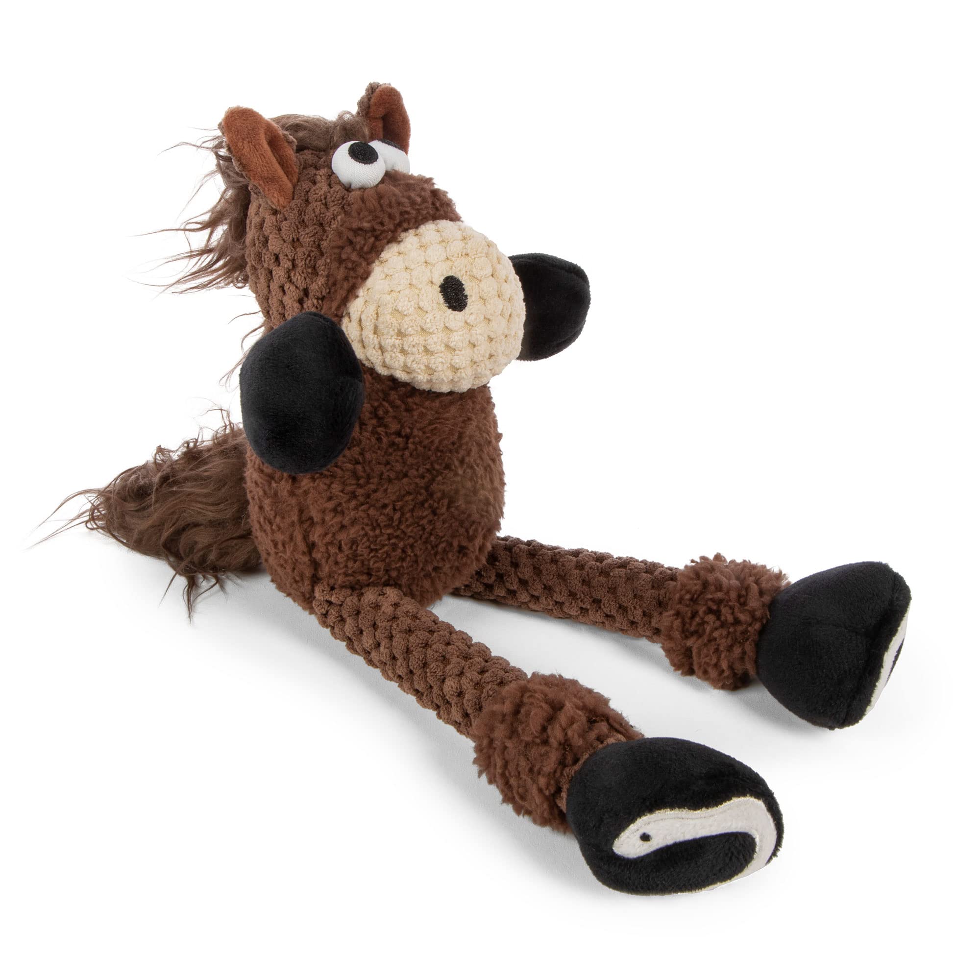 Godog Checkers Skinny Horse Squeaky Plush Dog Toy, Chew Guard Technology - Brown, Small