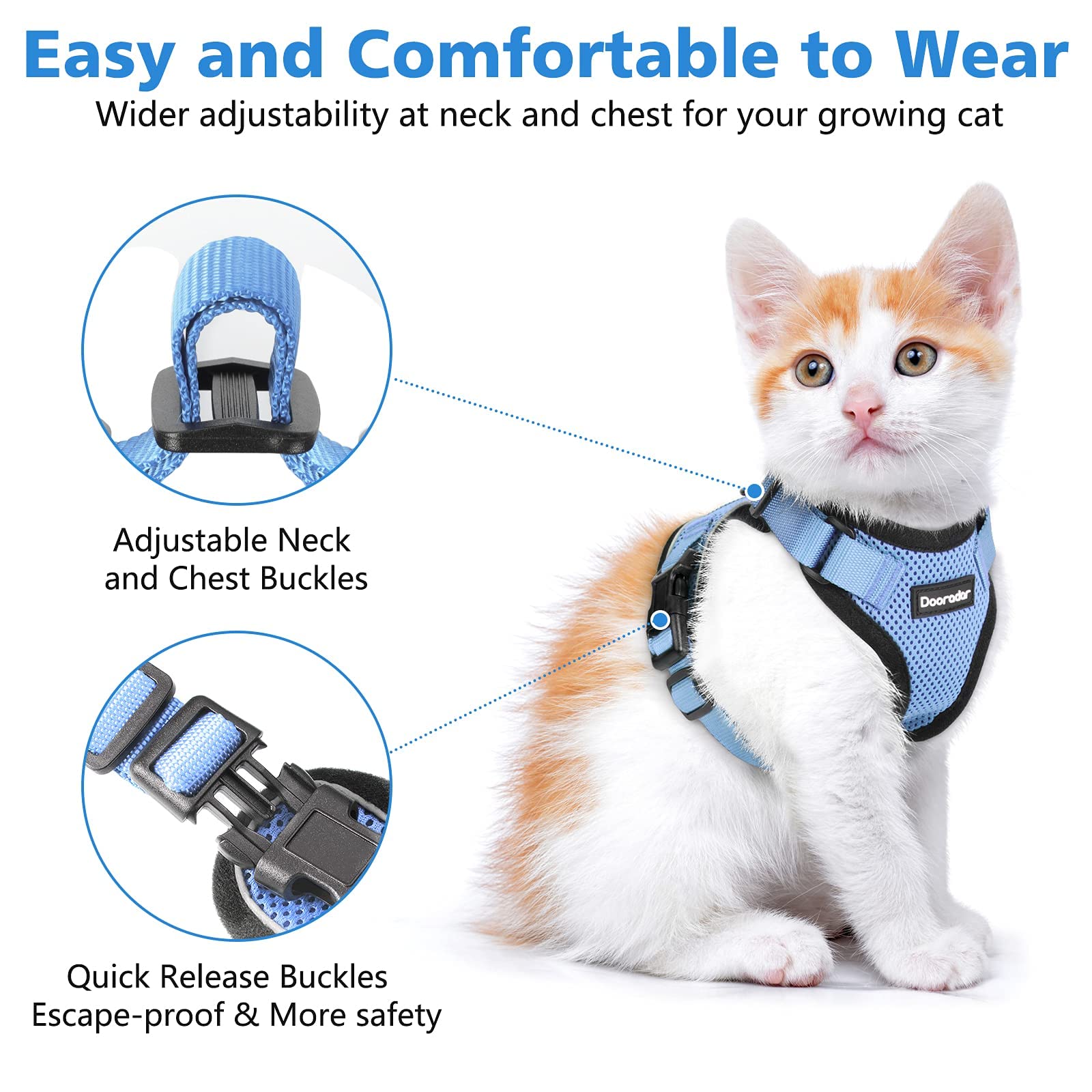 Dooradar Cat Harness And Leash Set, Escape Proof Safe Adjustable Kitten Vest Harnesses For Walking, Easy Control Soft Breathable Mesh Jacket With Reflective Strips For Cats, Light Blue, S
