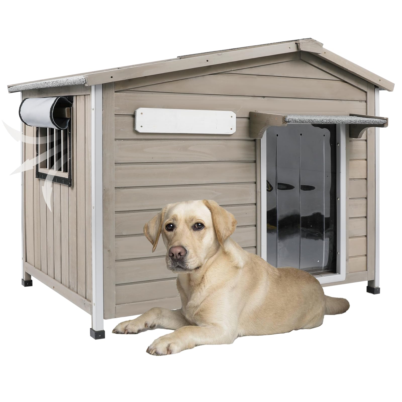 Outdoor Dog House with Chew-Proof Iron Frame, Wooden Dog Kennel Weatherproof,Removable Floor, Adjustable Vent Window, Easy Assem
