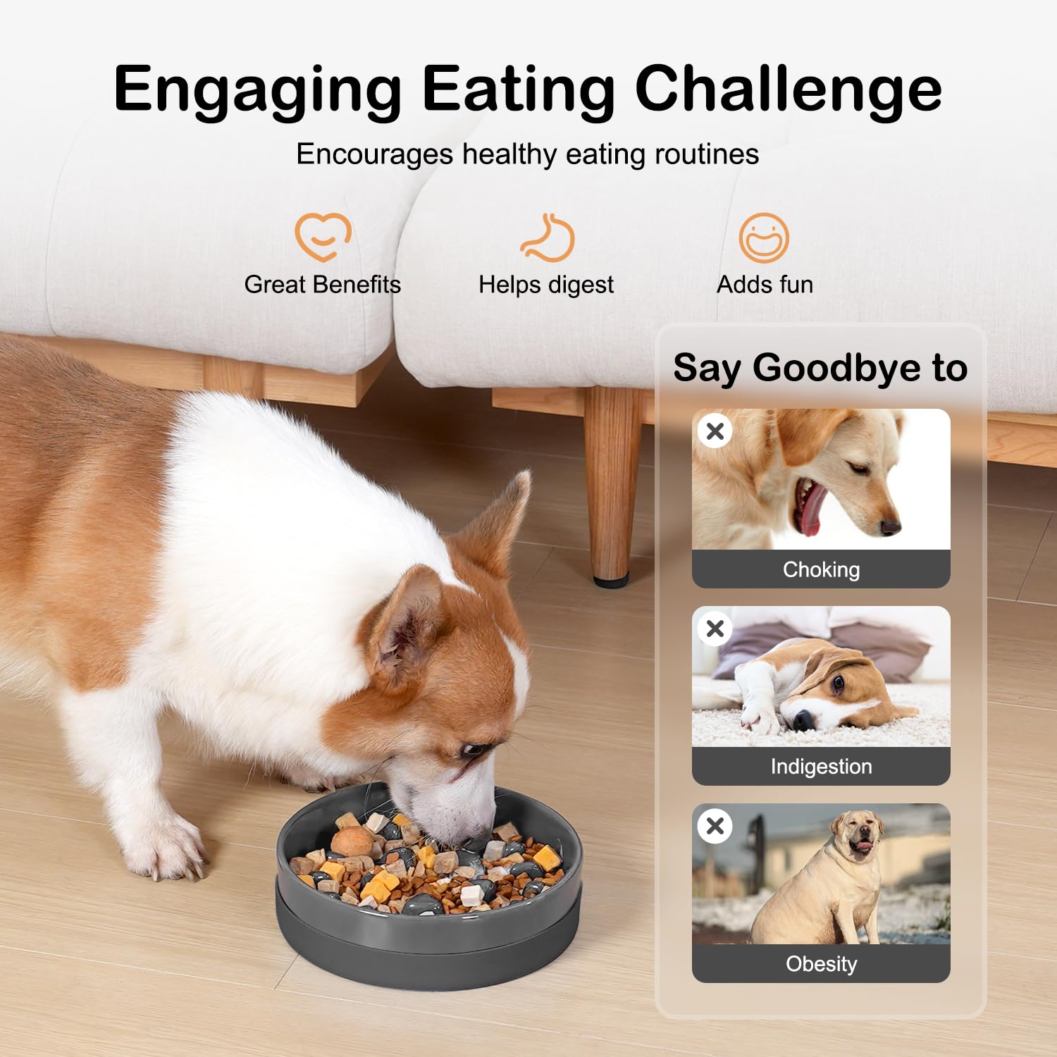 Sted Ceramic Slow Feeder Dog Bowl, Medium 8" Grey with Silicone Base, Perfect for Fast Eaters