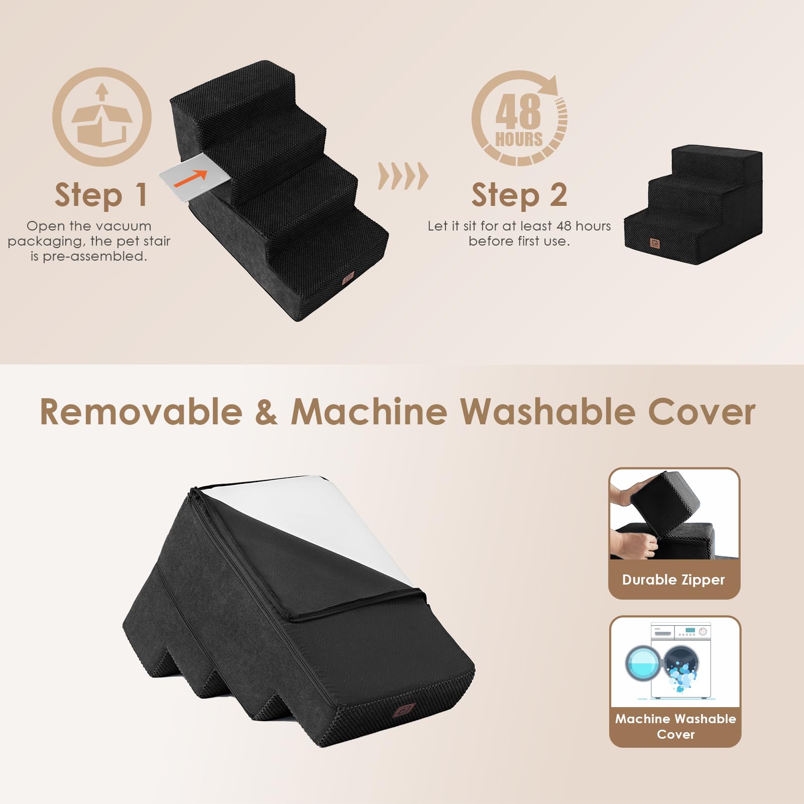 Eheyciga Dog Stairs For Small Dogs 13.5' H, 3-Step Dog Steps For Couch Sofa And Chair, Pet Steps For Small Dogs And Cats, Non-Slip Balanced Dog Indoor Ramp, Black