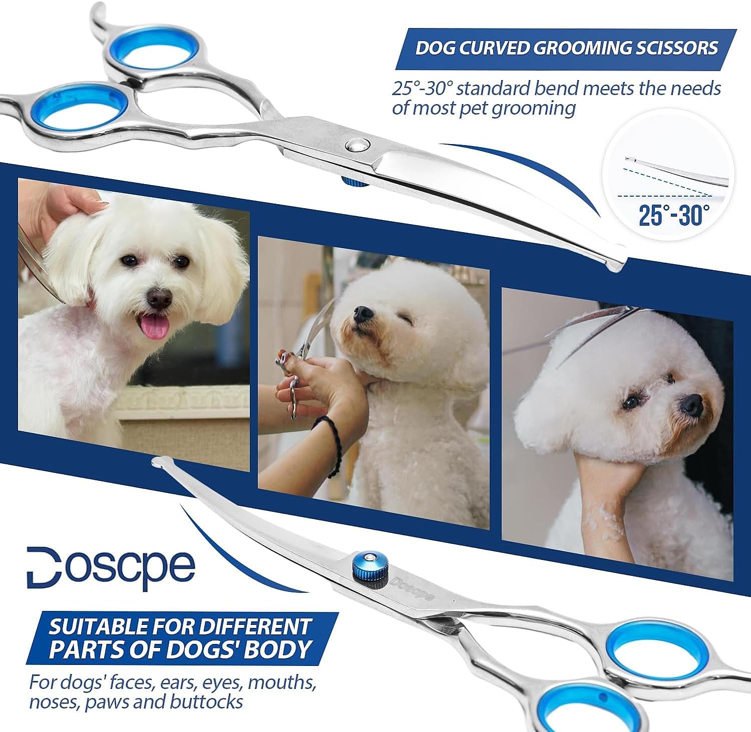 Doscpe Dog Grooming Scissors 7.28" Stainless Steel Round Tips Shears for Pets, Blue, Model LSY117