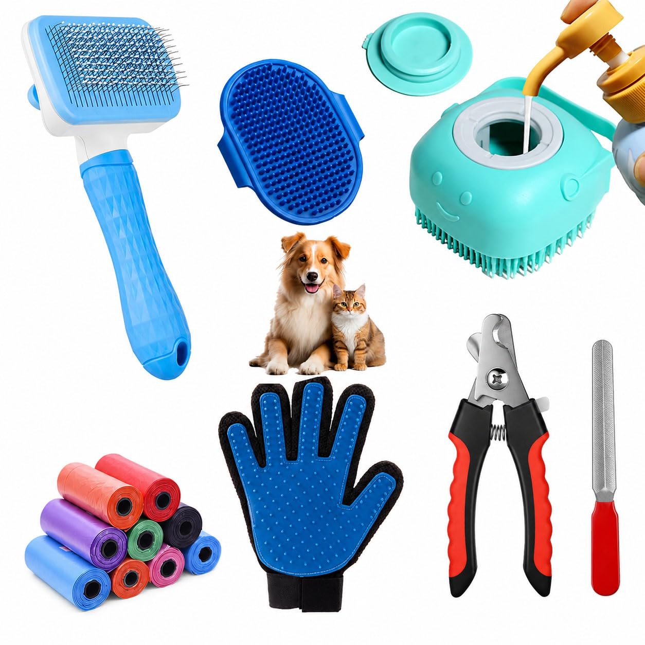 Pethood Pet Grooming Kit Combo Of 6 For Dog & Cat  Slicker Brush, Bath Glove, Shampoo Dispenser, Nail Clipper & Poop Bag For Ba