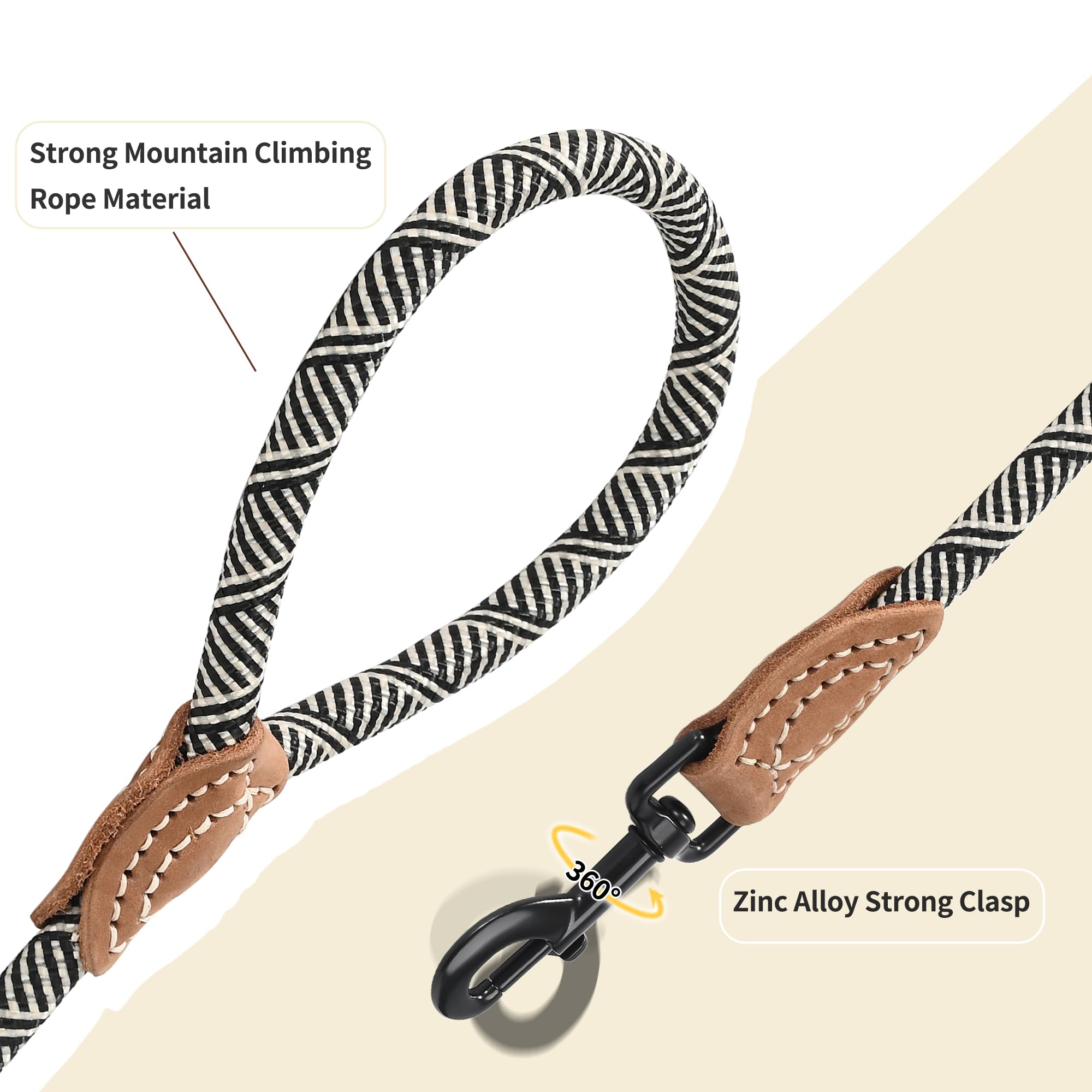 Mile High Life | Mountain Climbing Dog Rope Leash With Heavy Duty Metal Sturdy Clasp | Genuine Leather Tailored Connection With Strong Stitches (White, 48 Inch (Pack Of 1))
