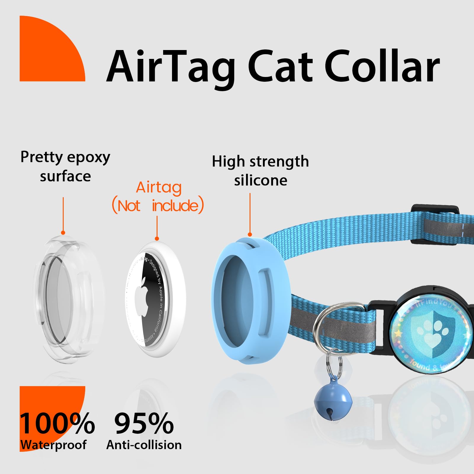 Ilfindyou Airtag Cat Collar Breakaway, Reflective Cat Collars With Apple Airtag Holder, Adjustable Kitten Collar With Bells Blue