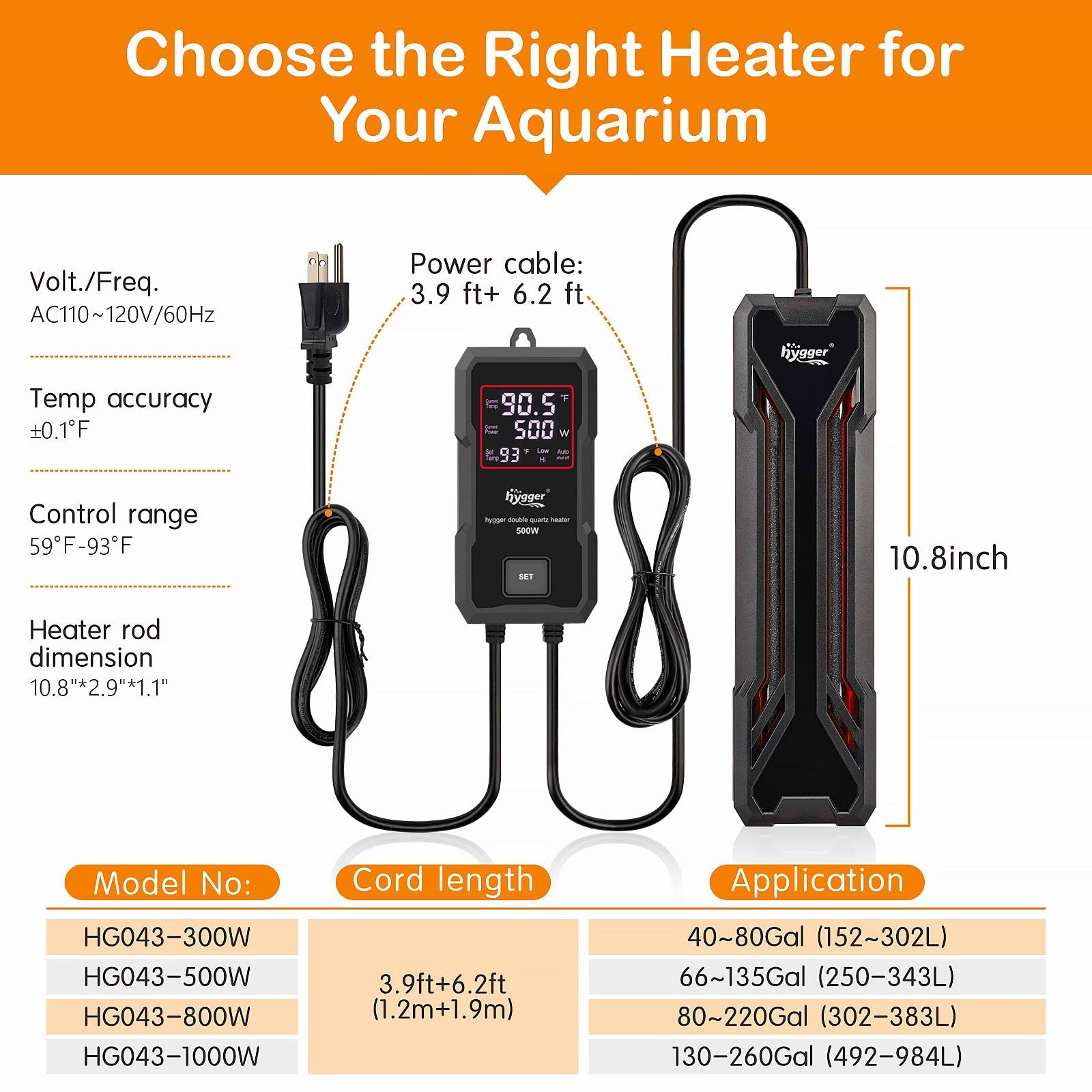 Hygger Aquarium Heater 300W/500W/800W/1000W, Submersible Fish Tank Heater With Digital Led Controller And Intelligent Leaving Wa