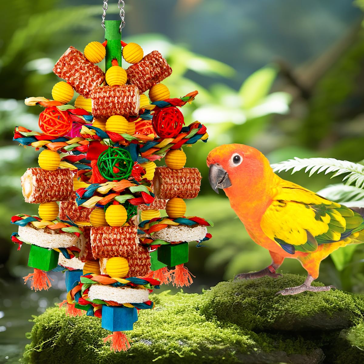 YIXUND Bird Toys for Large Parrots - Natural Corn Cob & Loofah Chew Toys, Colorful, Suitable for African Grey, Macaws, Cockatoos