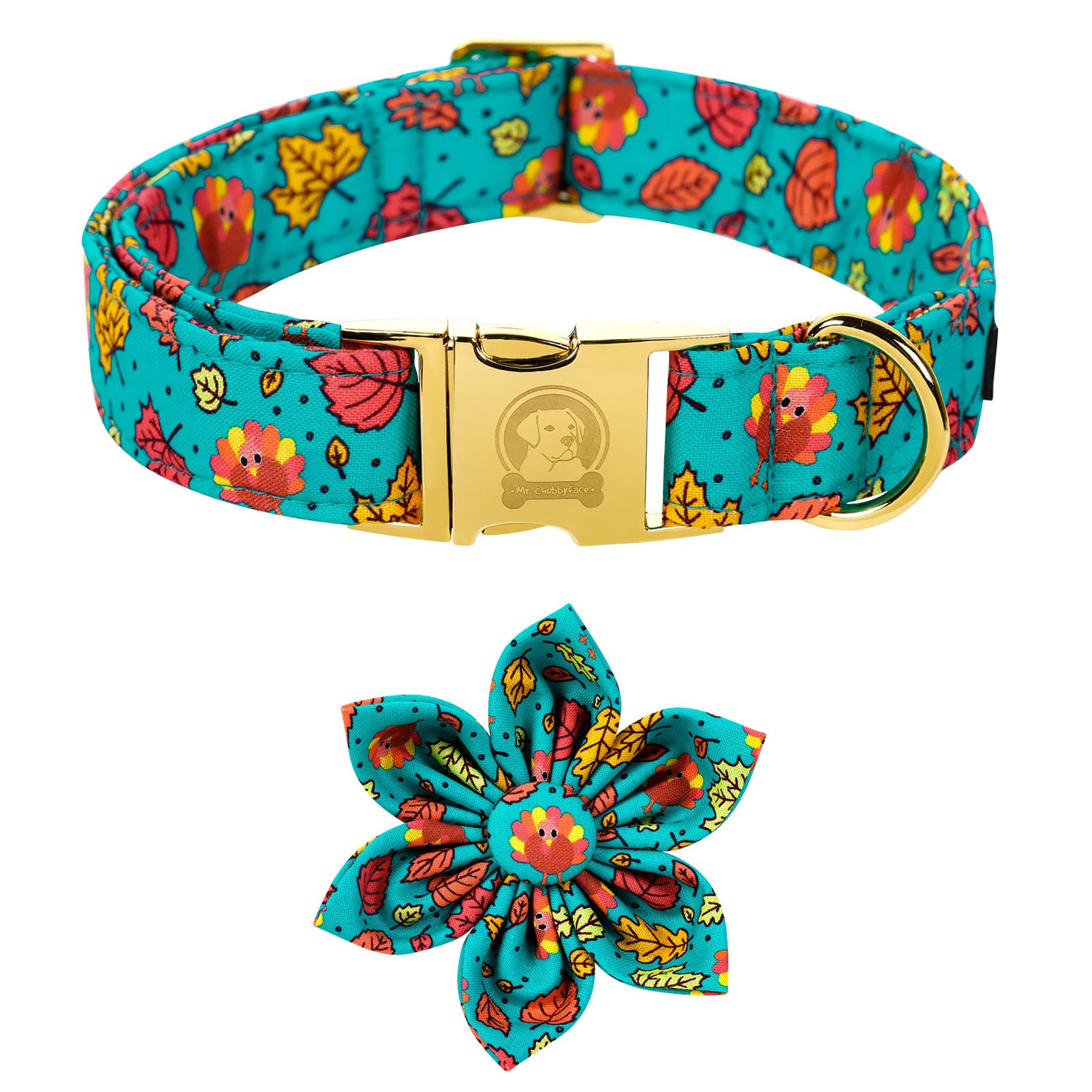 Mr. Chubbyface Thanksgiving Dog Collar - Fall Maple And Turkey Flower Adjustable Collar For Small, Medium, Large Dogs