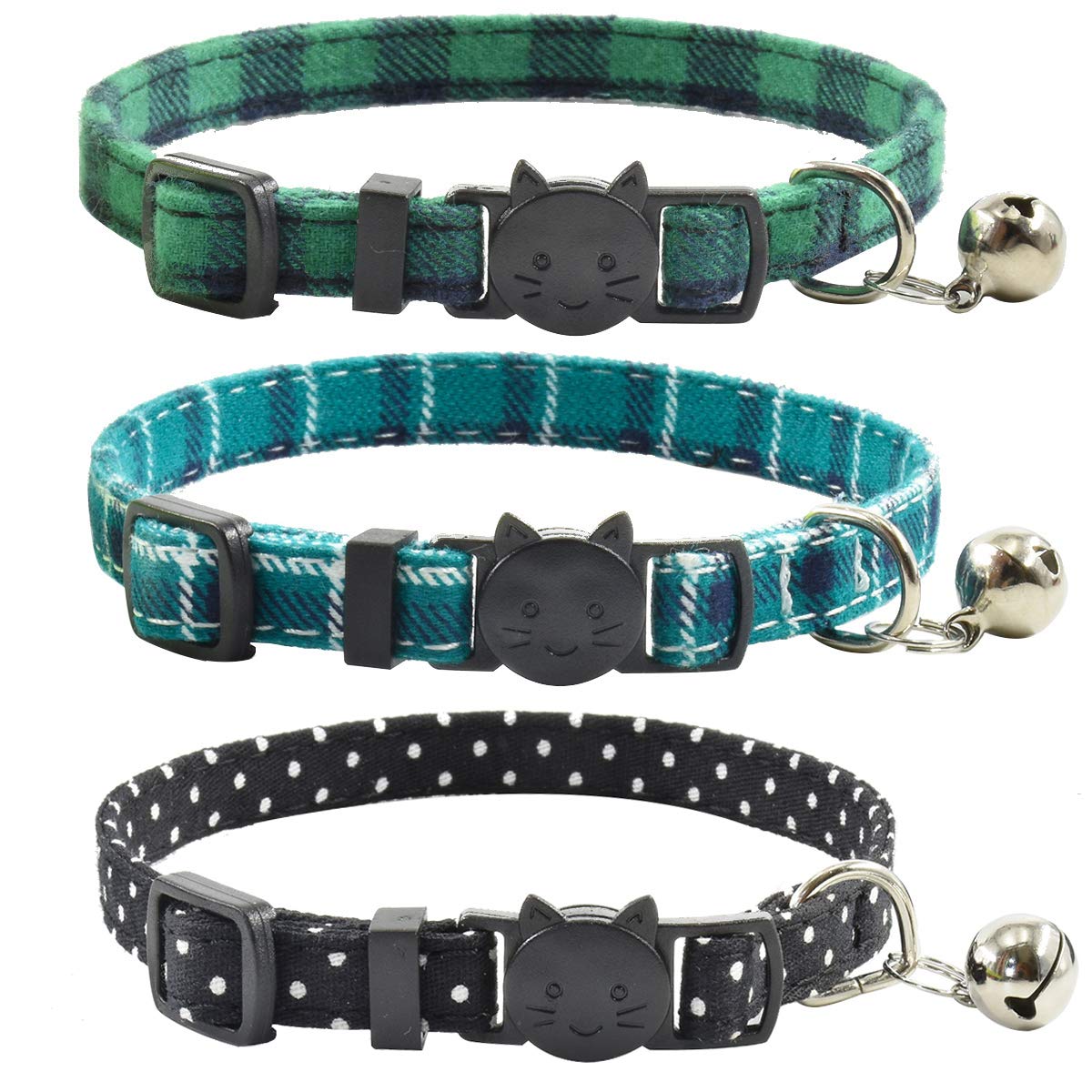 Breakaway Cat Collars With Bell, Set Of 3, Durable & Safe Cute Kitten Collars Safety Adjustable Kitty Collar For Cat Puppy 7.5-11In (Green,Cyan,Black)