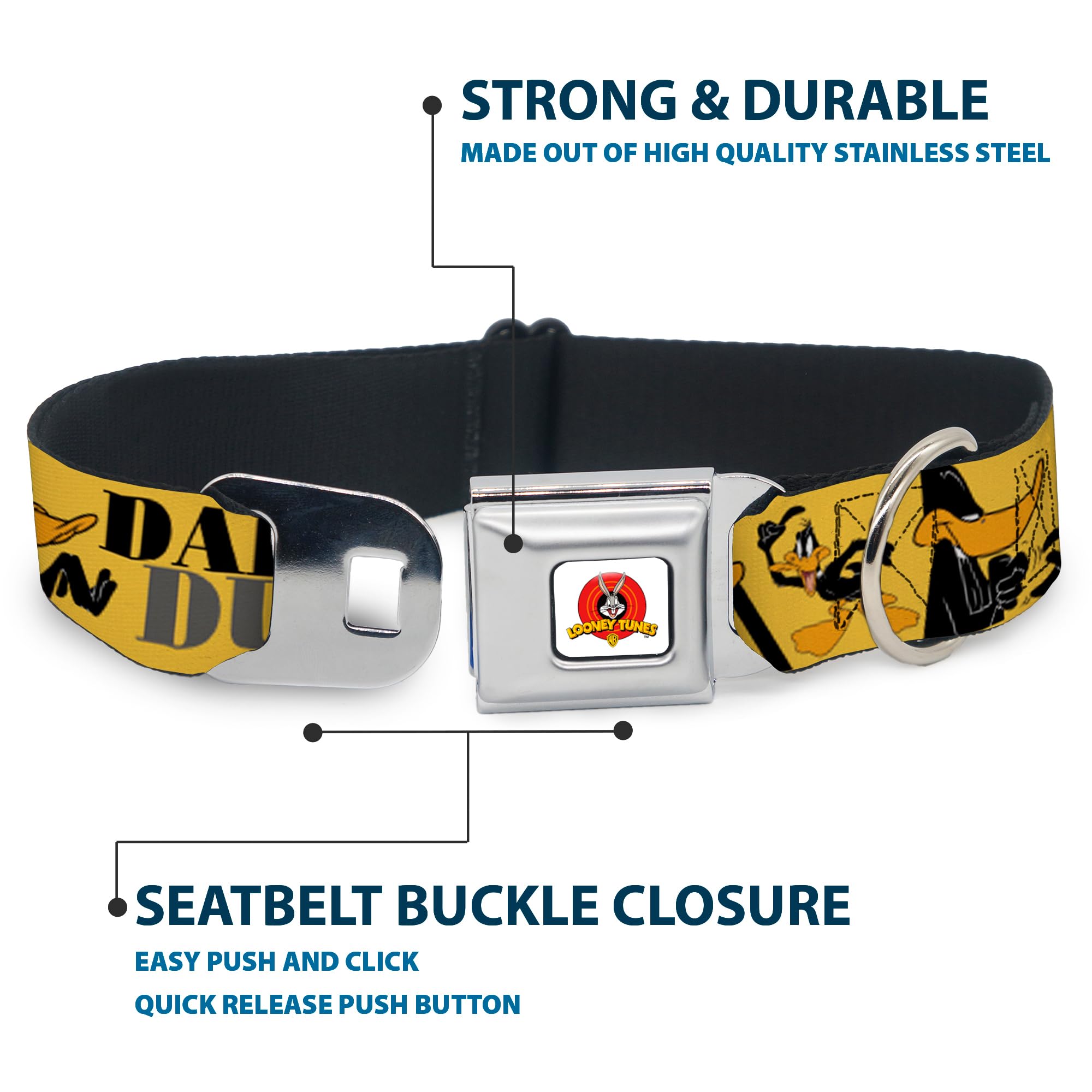 Buckle-Down Seatbelt Buckle Dog Collar - DAFFY DUCK w/Poses Yellow/Black - 1.5 Wide - Fits 13-18 Neck - Small