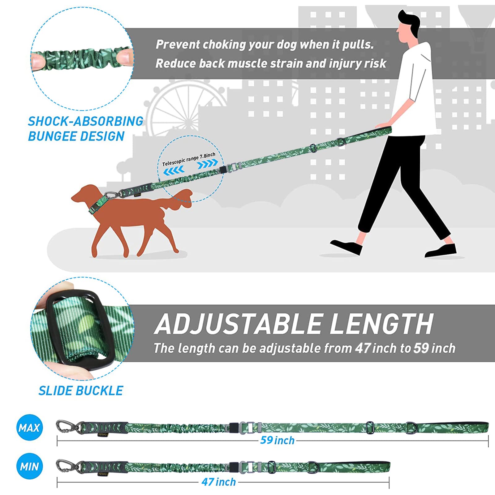 Hotsky Heavy Duty Bungee Dog Leash with Double Handle, 4Ft-6Ft, Shock Absorbing, Rubber, Green for Medium Large Dogs