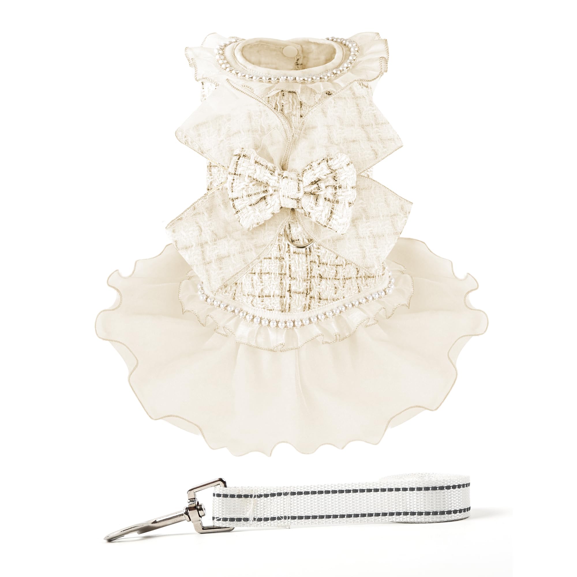 Dog Soft Dress Mesh Skirt With Pearls Accessory And Bow Tie Leash For Small Medium Dogs Christmas Holiday Picnic Birthday Party 