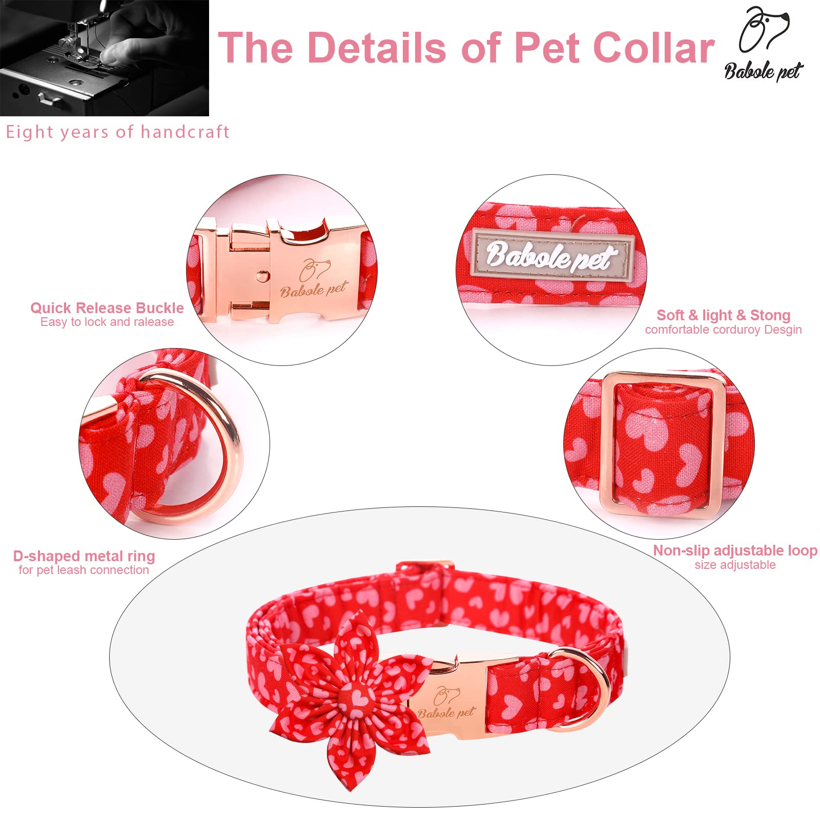 Babole Pet Valentine'S Day Dog Collar With Flower Tie, Pink Red Love Male Dog Collar With Safety Metal Buckle Adjustable Puppy Collars For Small Medium Large Boy & Girl Dog,Xl-Neck 16'-26'