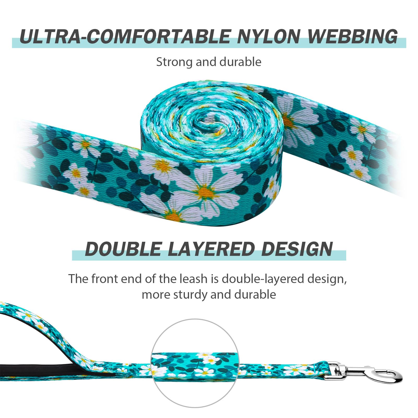 Hikiko Double Handle Dog Leash 6 Ft For Medium Large Dogs, Padded Traffic Handles Lead For Walking Training (Green Flower)