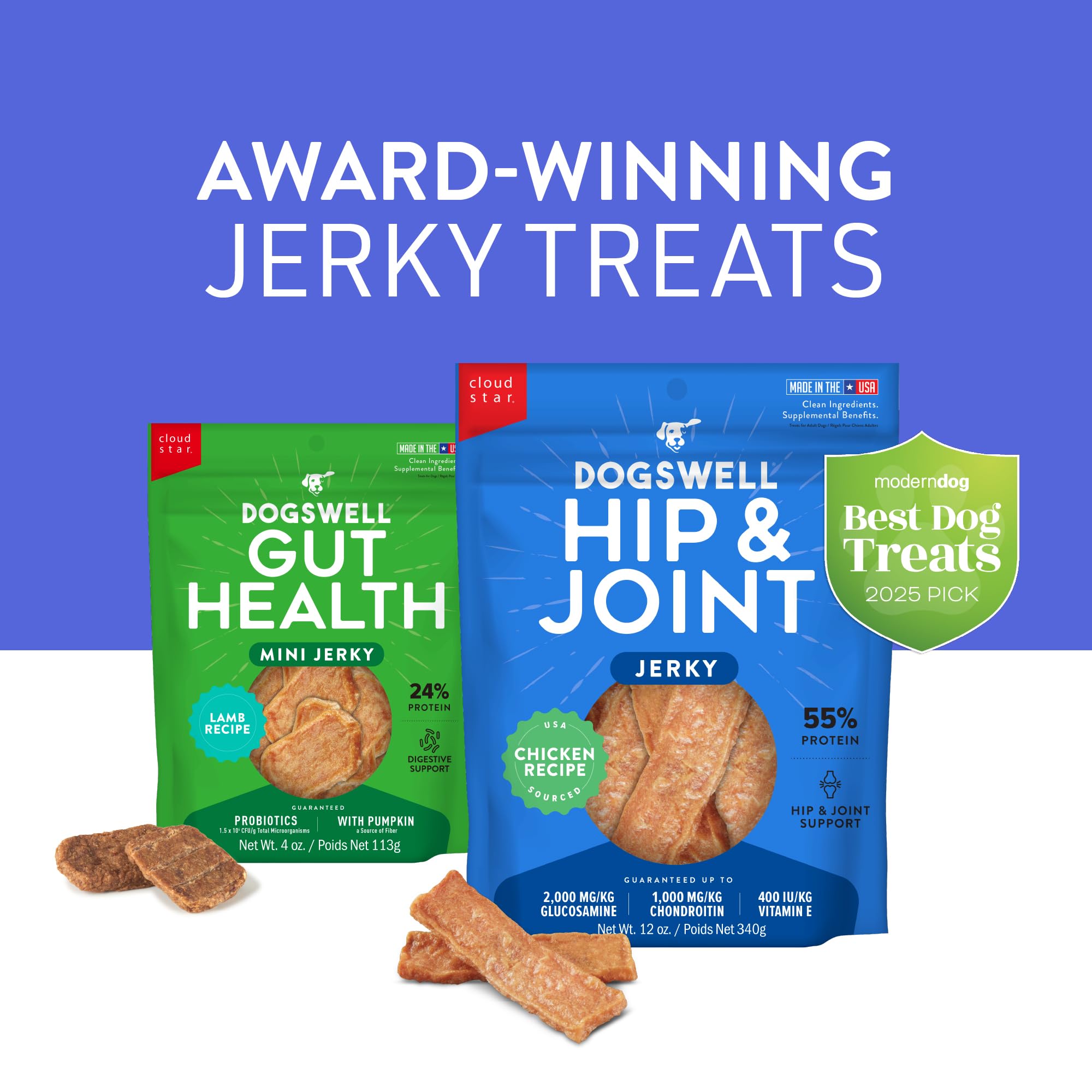 DOGSWELL Gut Health Mini Jerky Functional Dog Treats, Lamb 4 oz. Bag
