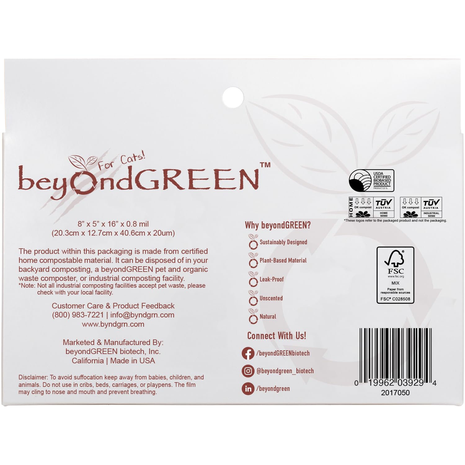 Beyondgreen Plant-Based Cat Litter Poop Waste Pick-Up Bags With Handles - 50 Bags - 8 In X 16 In