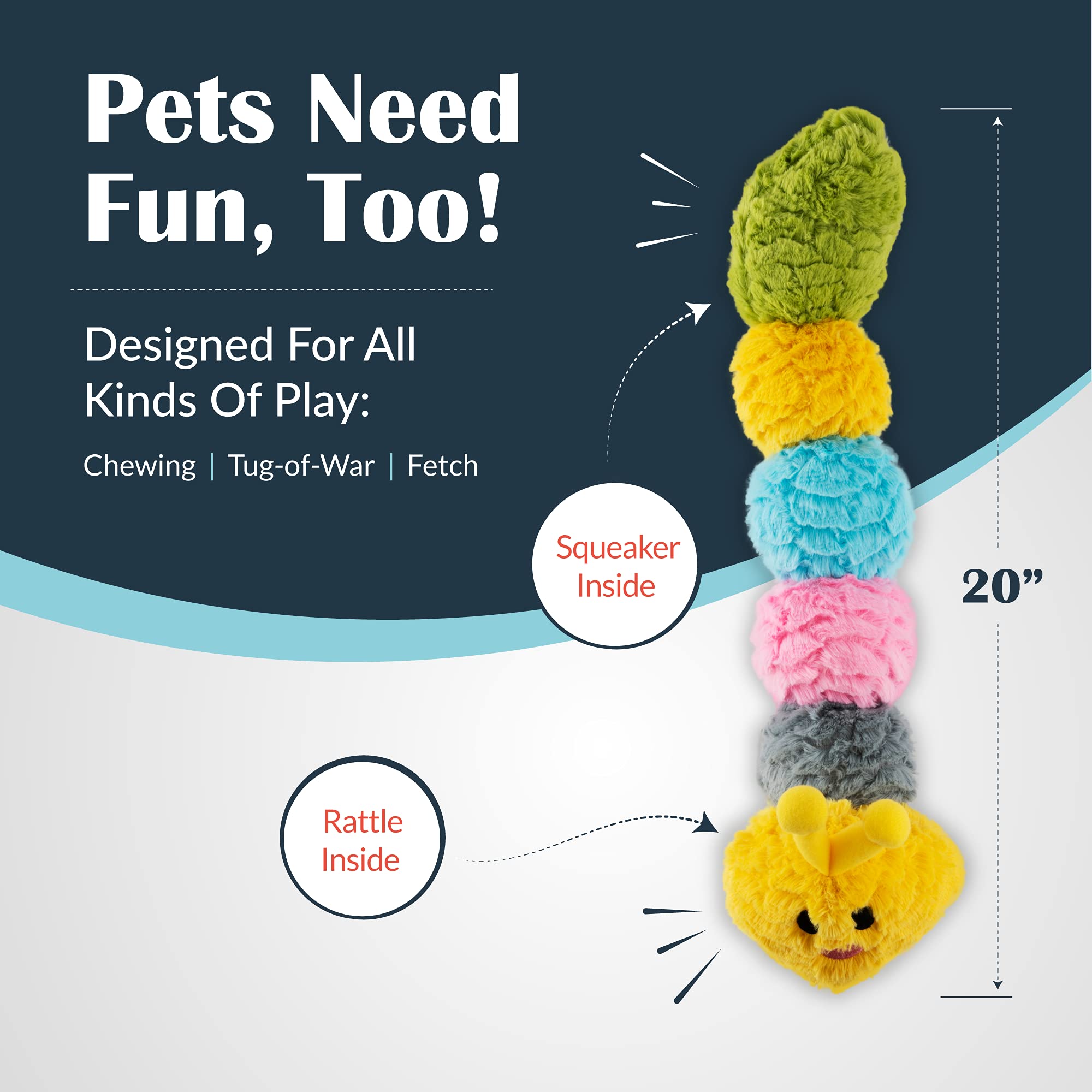 Flourish Tough Durable Dog Chew Toy - Squeaky Indestructible for Aggressive Chewers, Small Caterpillar, 20"