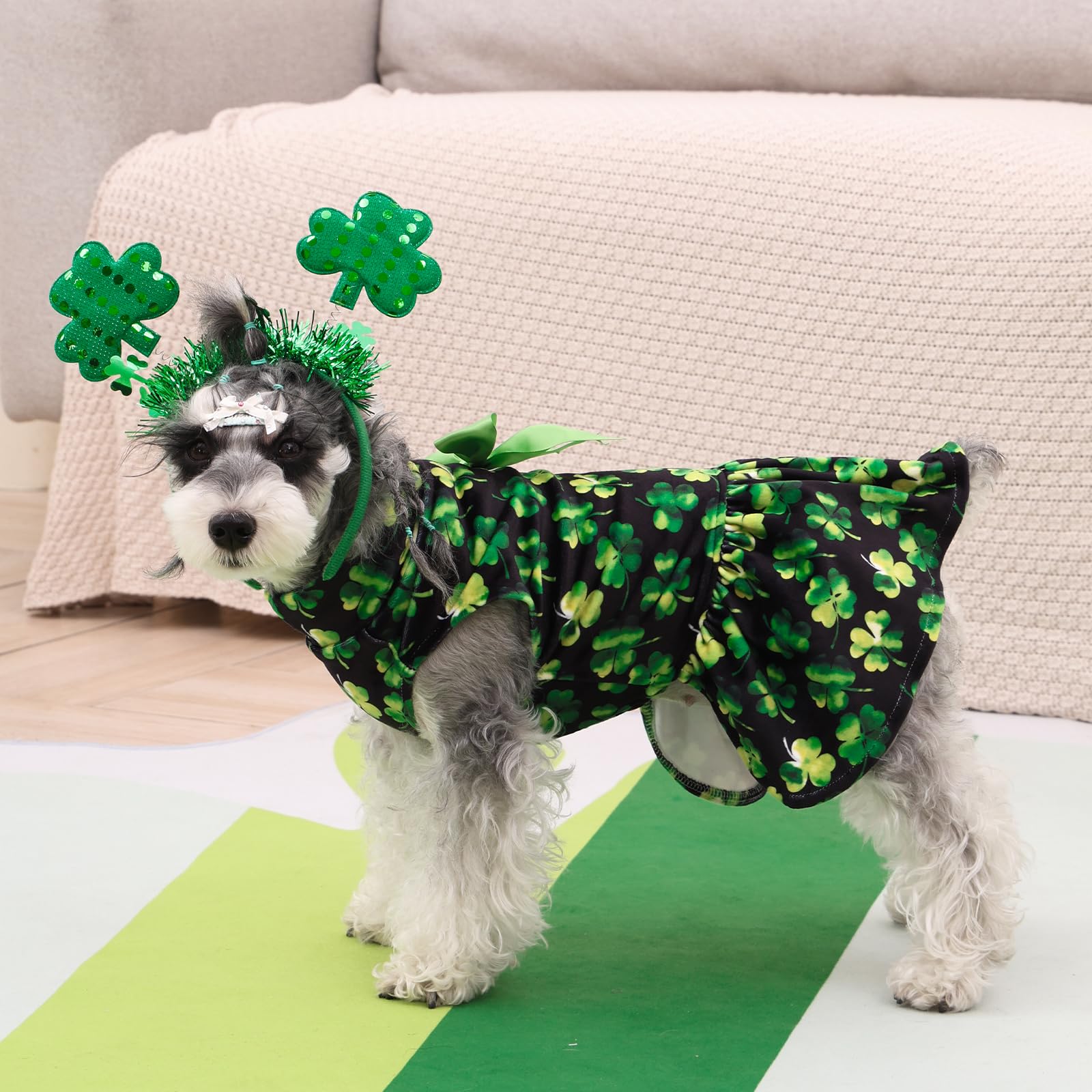 Cutebone Turtleneck Dog Velvet Dress St. Patrick'S Day Four Leaf Clover Puppy Skirt Costume Pet Clothes Cat Apparel With Bow Hai