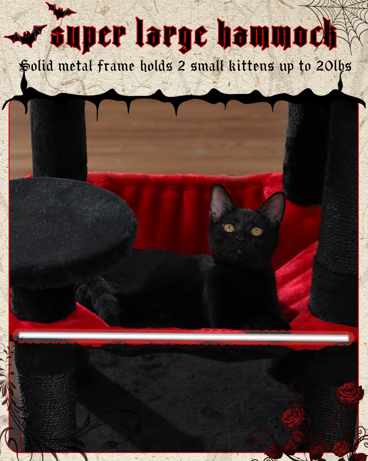 Muttros Gothic Cat Tree With Super Large Hammock, 45.7' Black Cat Tower With Coffin Bed, Cat Condo, Sisal Scratching Posts & Top Perch, Multi-Level Goth Cat Tree, Halloween, Black