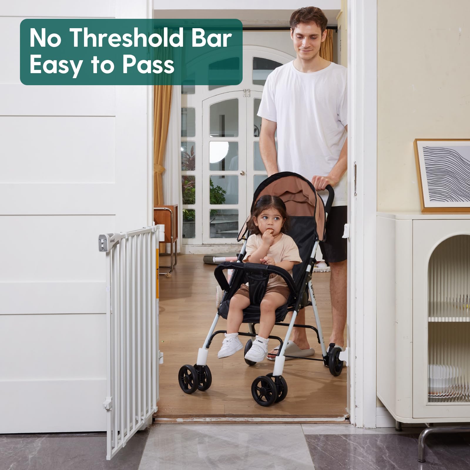 Babelio 34' Extra Tall Baby/Dog Gate With No Threshold Design Walk Thru Door, 26-43' Auto Close Safety Gate For Babies, Elders And Pets, Fits Doorways, Stairs, And Entryways, White
