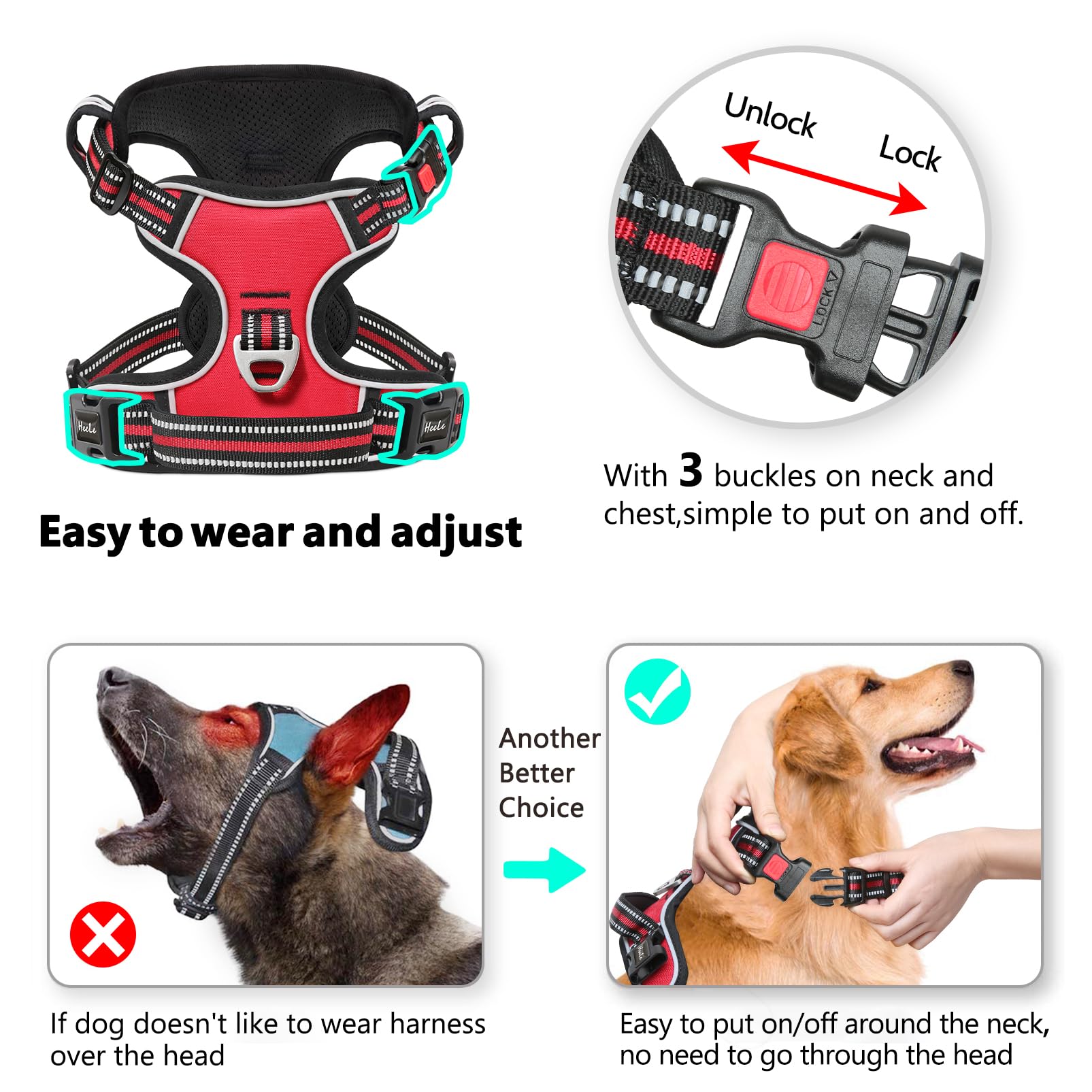 Timos Dog Harness Medium Sized, No Pull Dog Harness With Neck Lockable Snap,No Choke Front Clip Dog Reflective Harness,Adjustabl