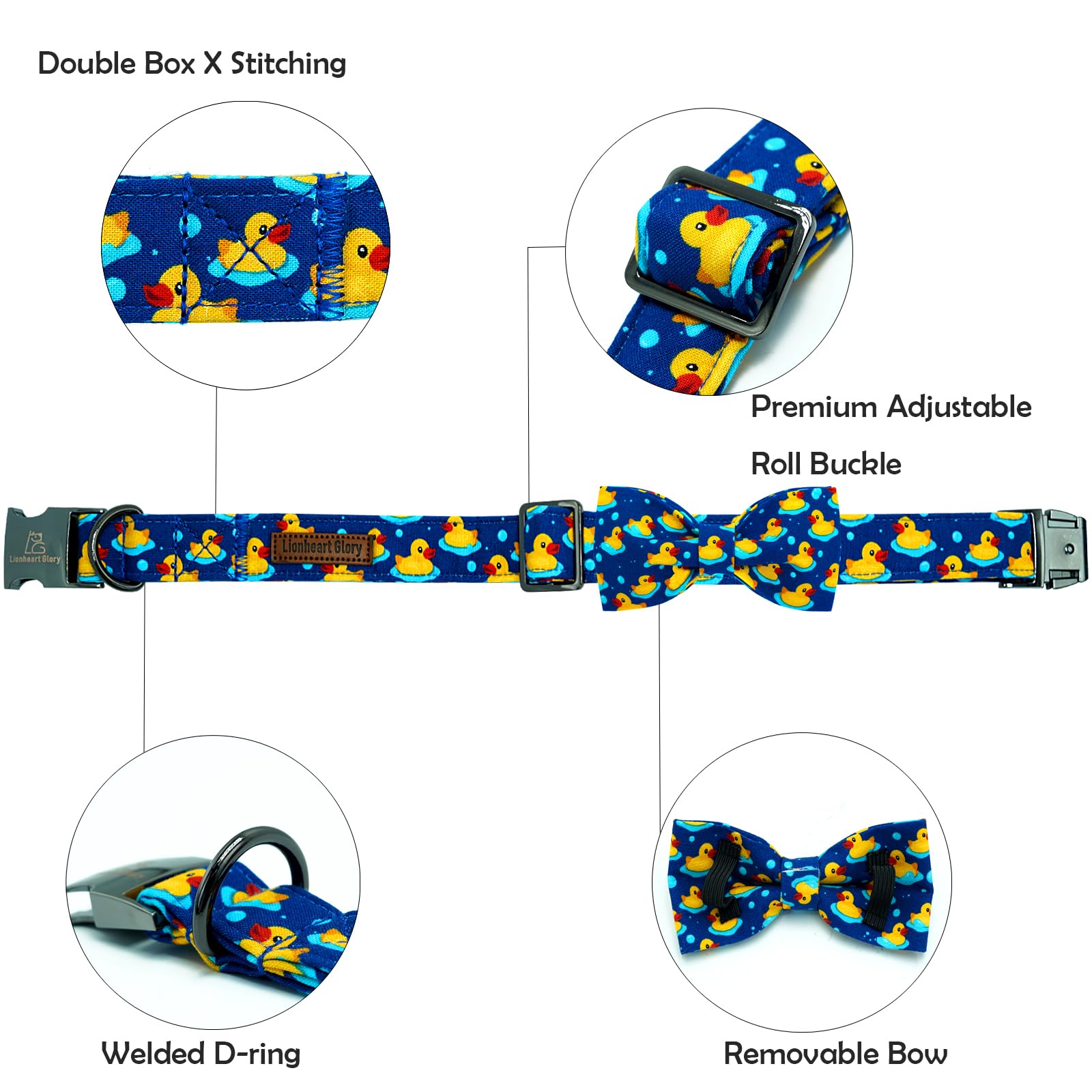 Lionheart Glory Dog Bow Collar Ducky Pattern Cute Boy Collars For Large Dogs,Soft Duty Adjustable Dog Collar With Bowtie Spring