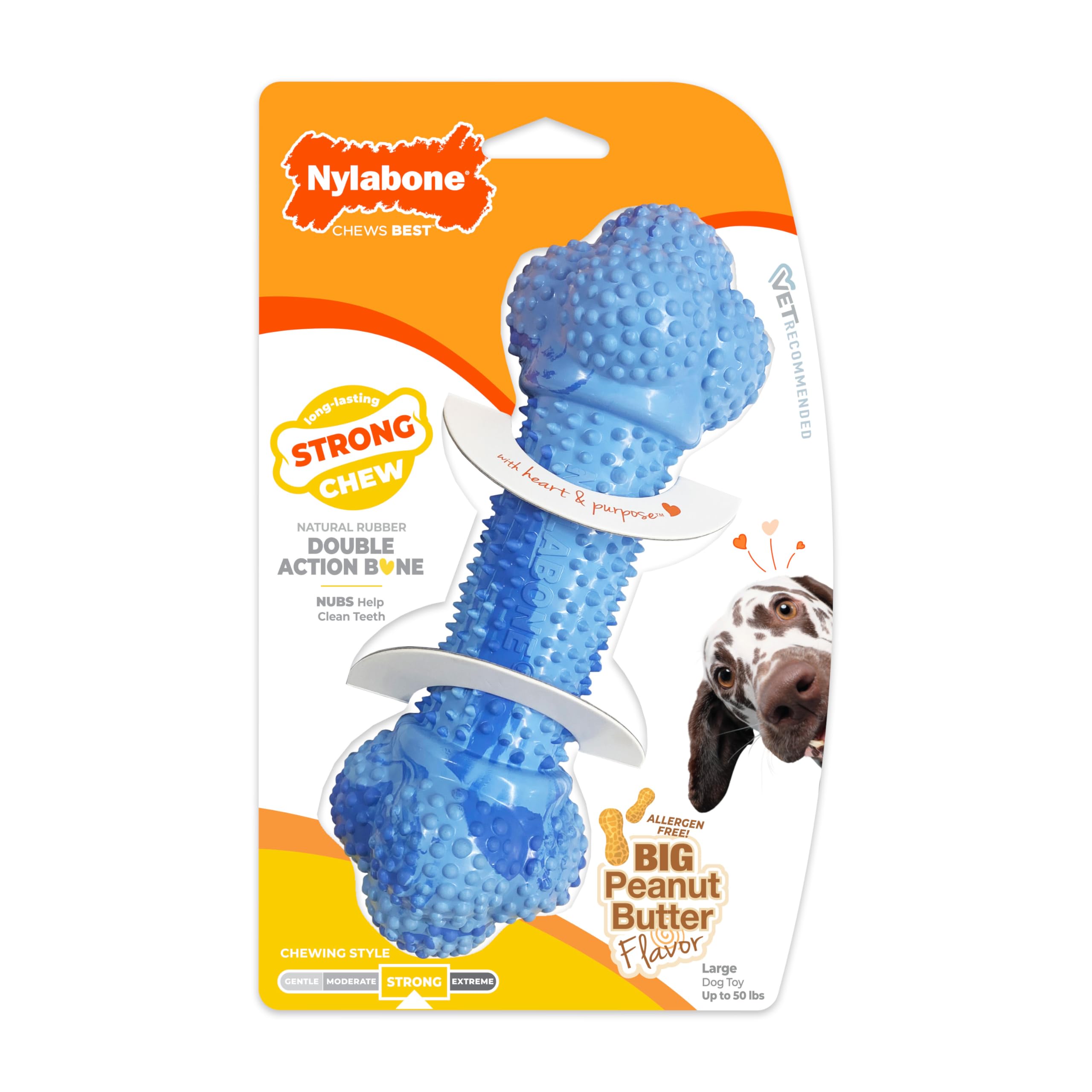 Nylabone Double Action Bone Strong Chew Toy for Dogs, Natural Rubber Dog Toy for Boredom, Peanut Butter Flavor, Large Dogs - Up 