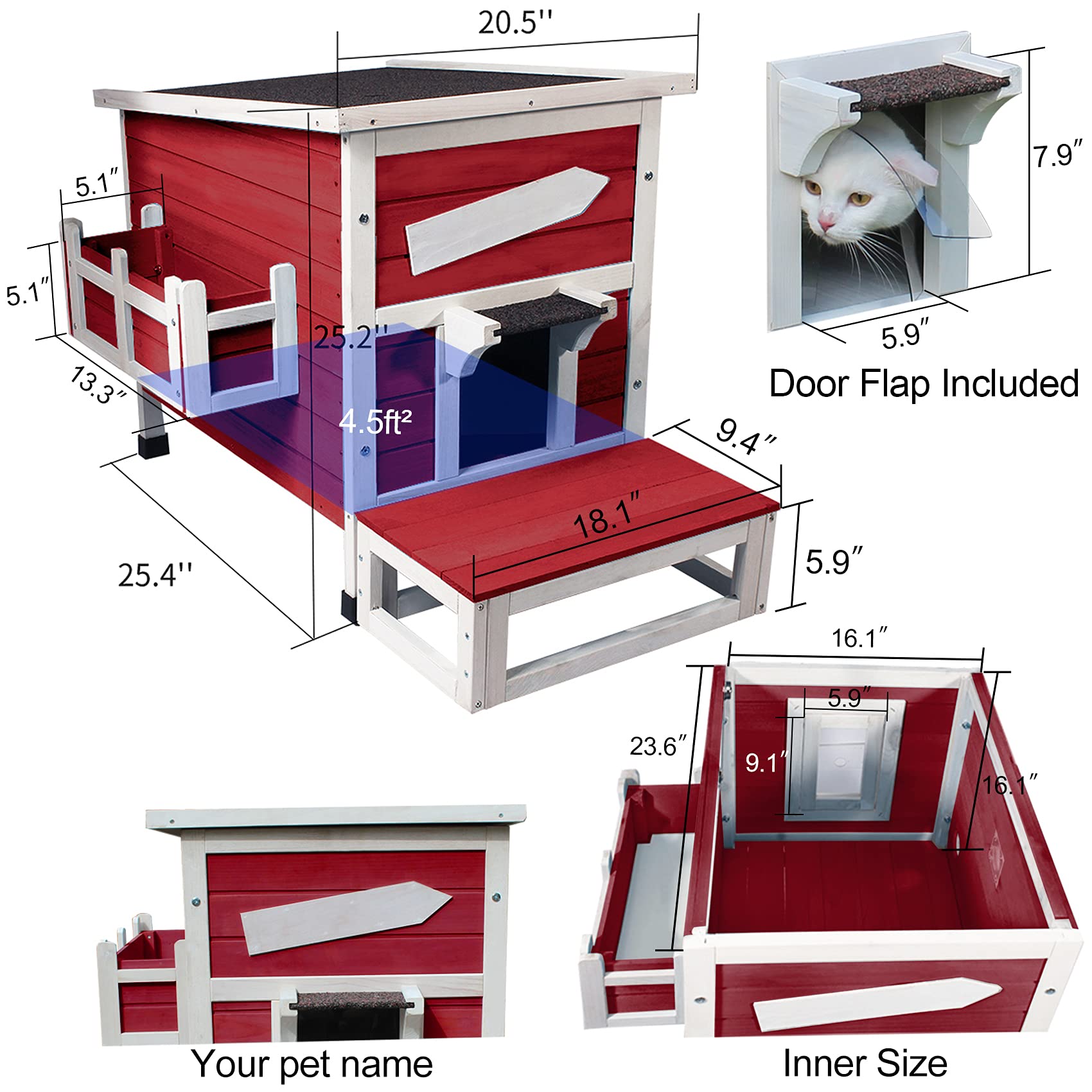 Rockever Outdoor Cat House - Large Weatherproof Wooden Shelter for Feral Cats, Escape Door, Wine Red, Model 4002r