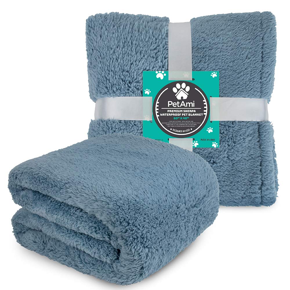 Petami Fluffy Waterproof Dog Blanket For Medium Large Dogs, Soft Warm Pet Sherpa Throw Pee Proof Couch Cover, Reversible Cat Bed Blanket Sofa Protector, Plush Washable Pad (Dusty Blue, 40X60)