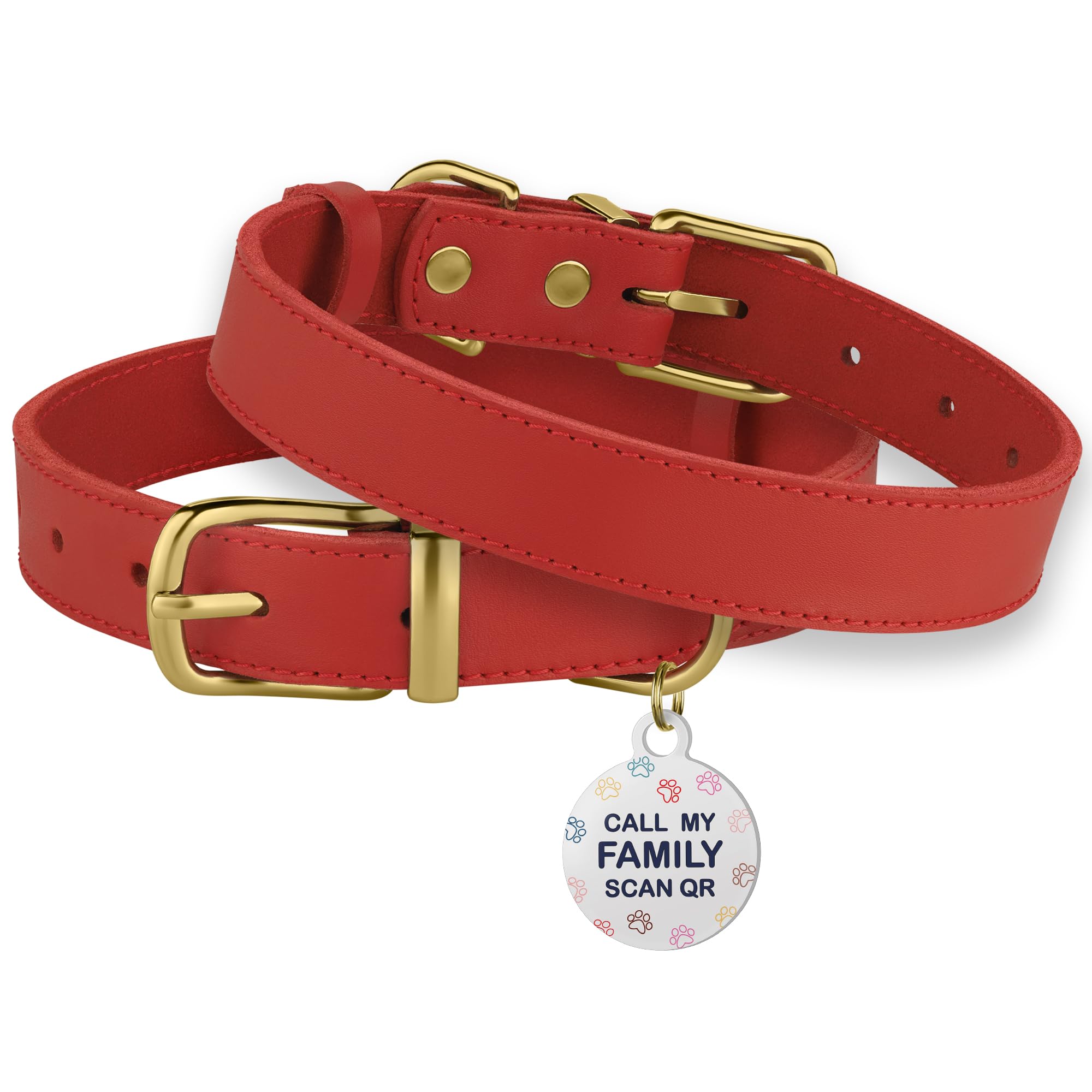 Bronzedog Leather Dog Collar With Metal Buckle Durable Basic Pet Collars For Small Medium Large Dogs (14-17 Inch (Pack Of 1), Red & Gold Buckle)