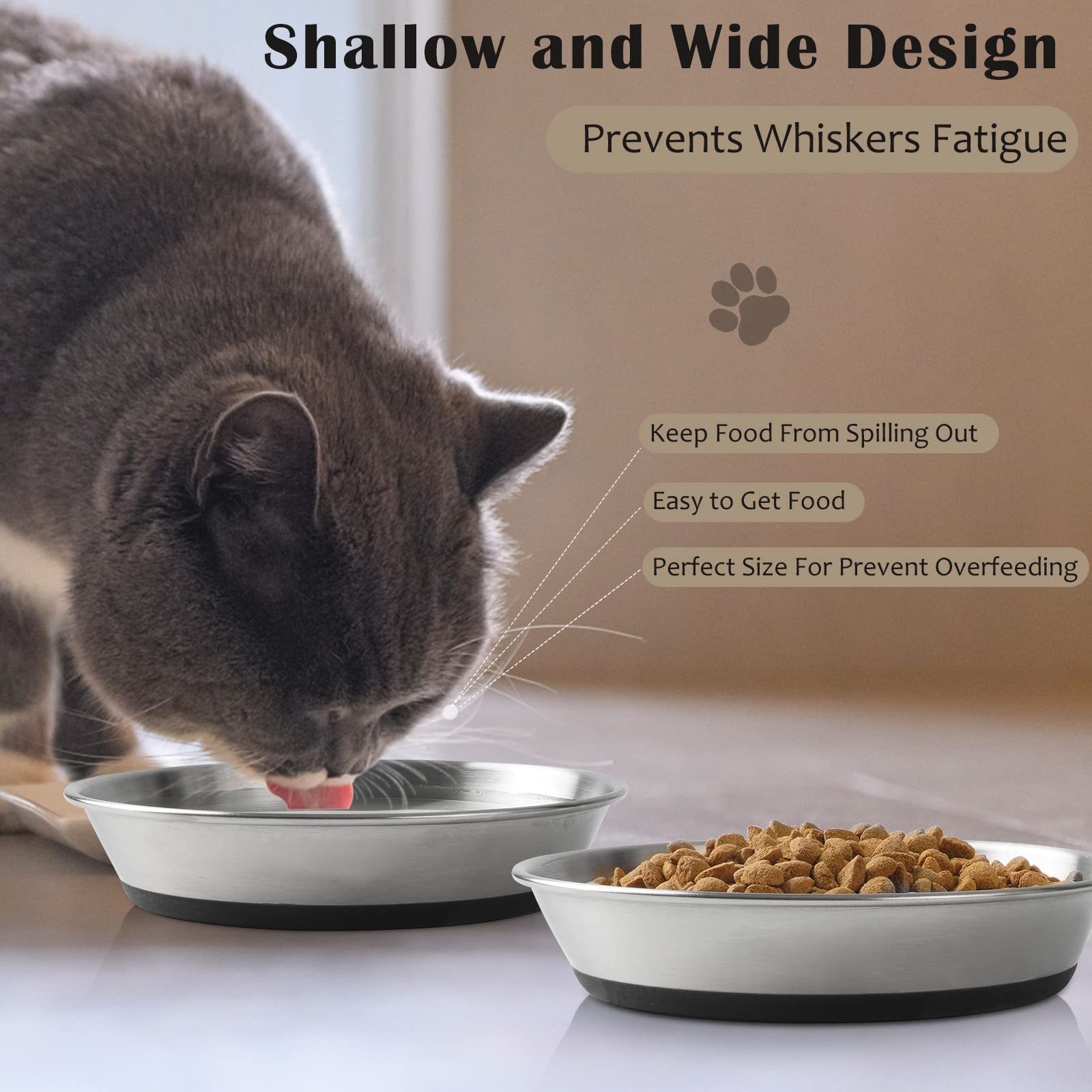 WROSWT Stainless Steel Cat Bowls,Whisker Friendly Shallow Cat Dishes for Food and Water,Non-Slip Silicone Bottom,Heavy Duty,Repl
