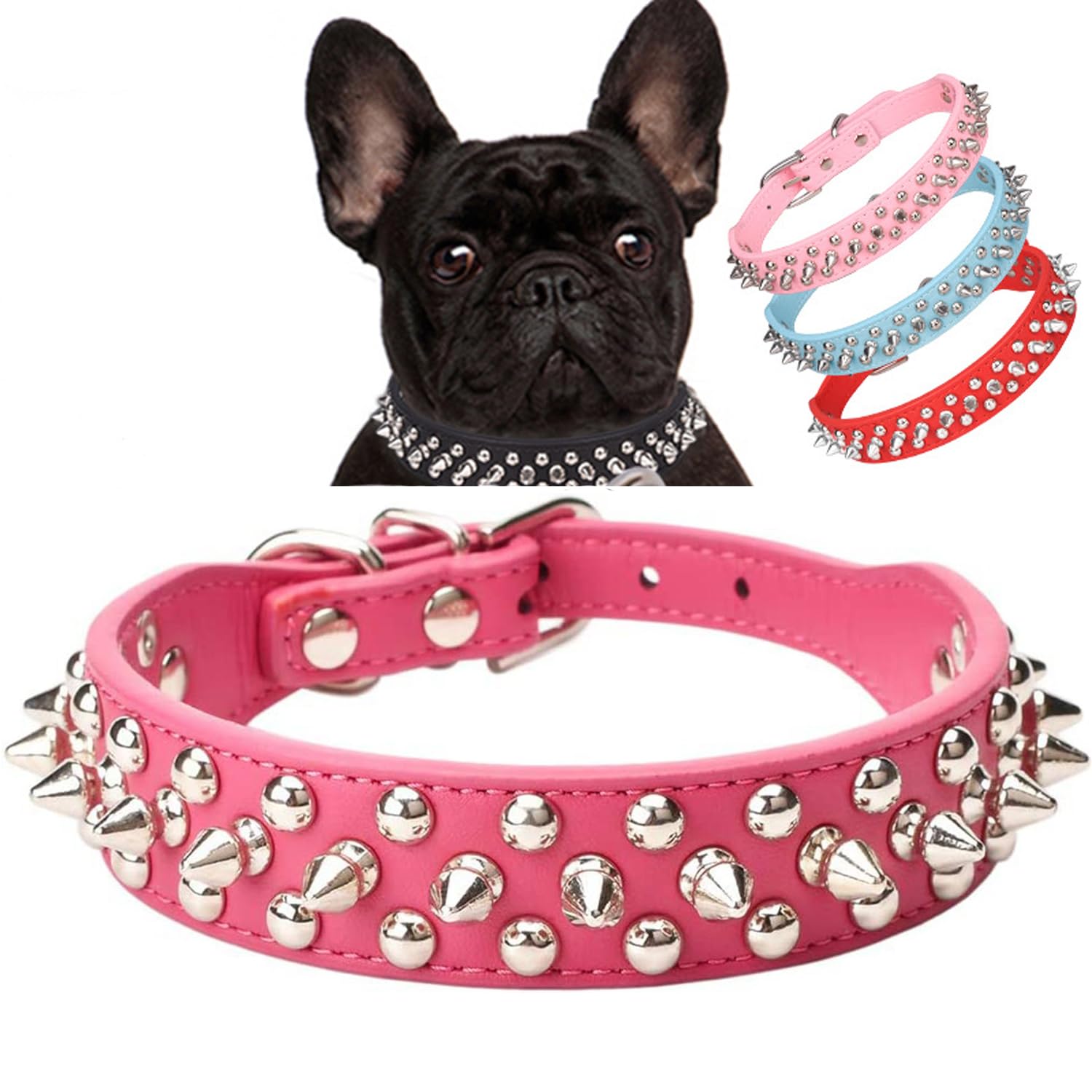 Serijoars Spiked Dog Collar Soft Pu Leather Mushrooms Rivet Spike Studded Dog Collar Adjustable Puppy Collars (Xs, Hot Pink)