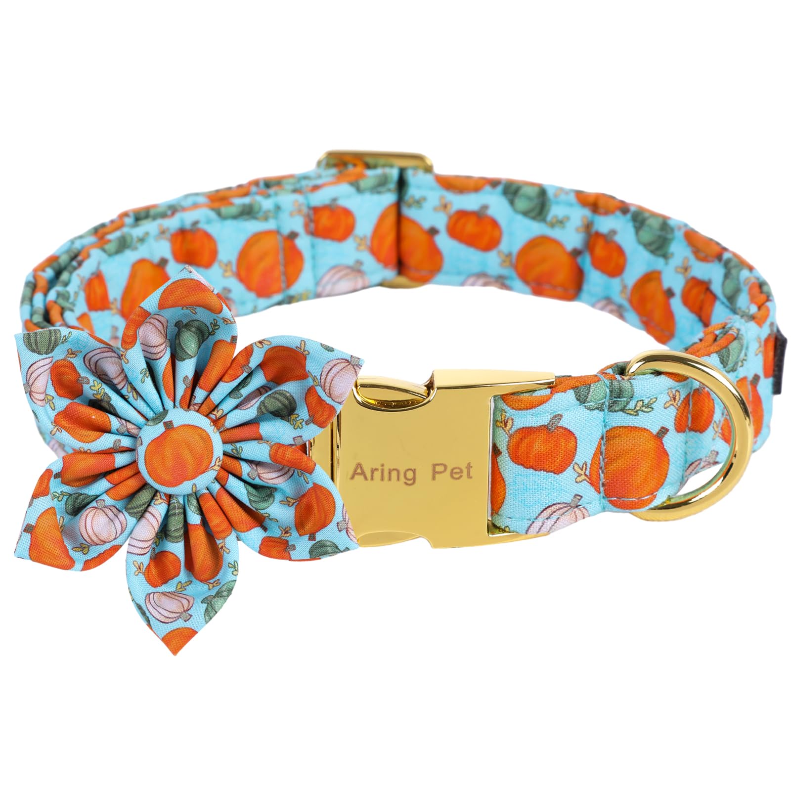 Aring Pet Halloween Dog Collar Cotton Pumpkin Dog Collar With Flower, Adjustable Blue Pumpkin Pet Collars Girl Puppy Collars With Metal Buckle