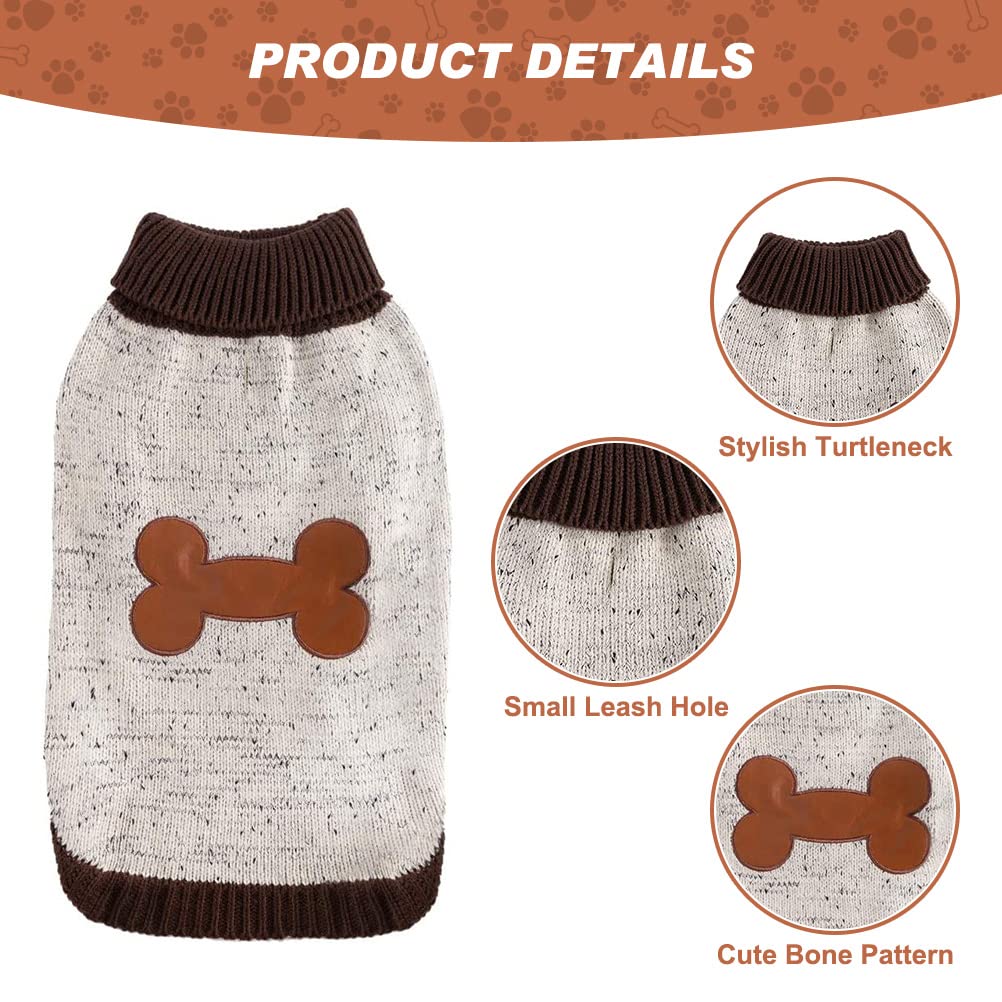 Bingpet Turtle Neck Dog Sweater - Brown Bone Pattern - Puppy Winter Warm Cloth For Small Medium Large Dogs