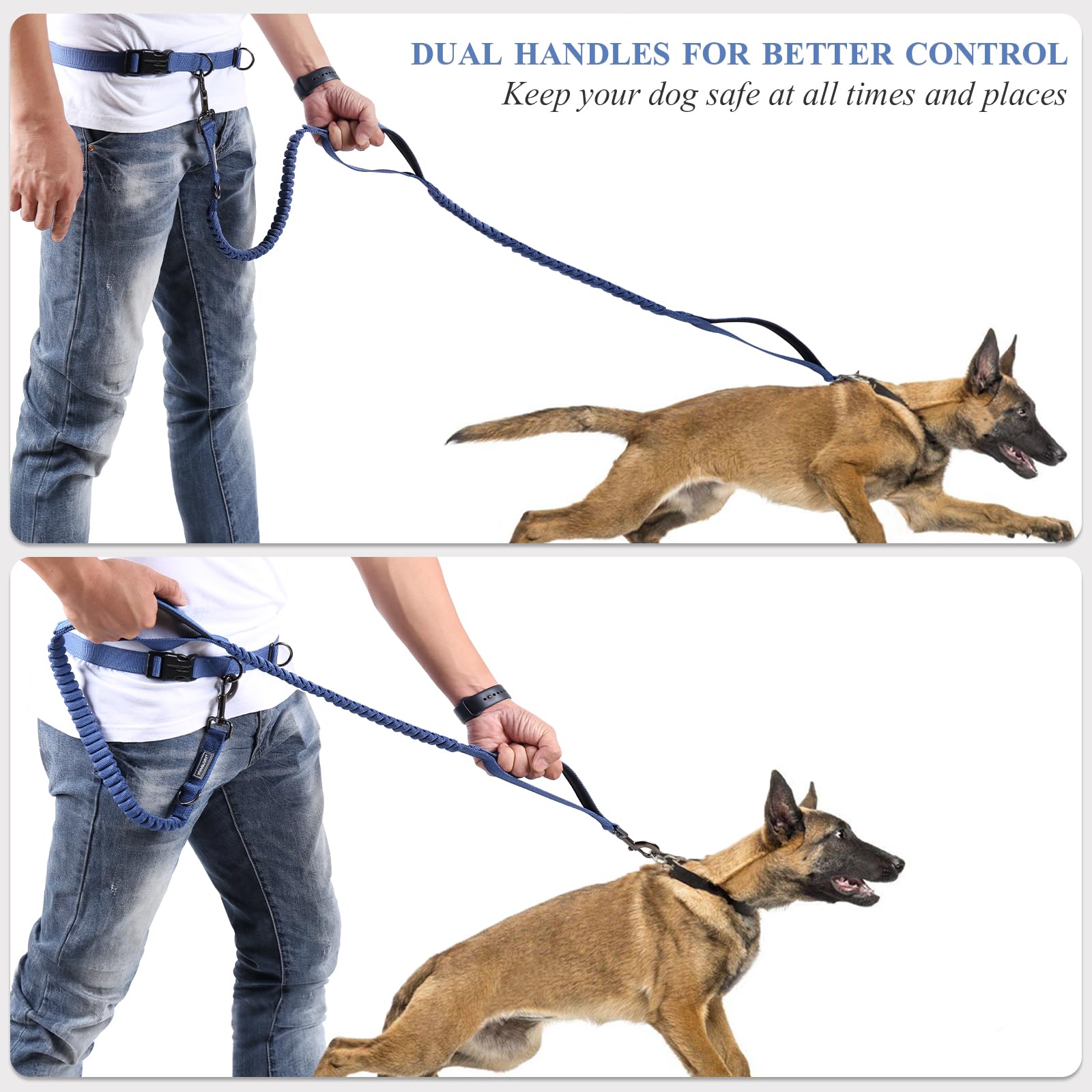 Vivaglory Hands Free Dog Leash With Dual Advanced Anti-Shock Bungees And Padded Handles, Reflective Waist Running Leash With Adjustable Belt For Training Jogging For Medium Large Dogs, Navy Blue/Black