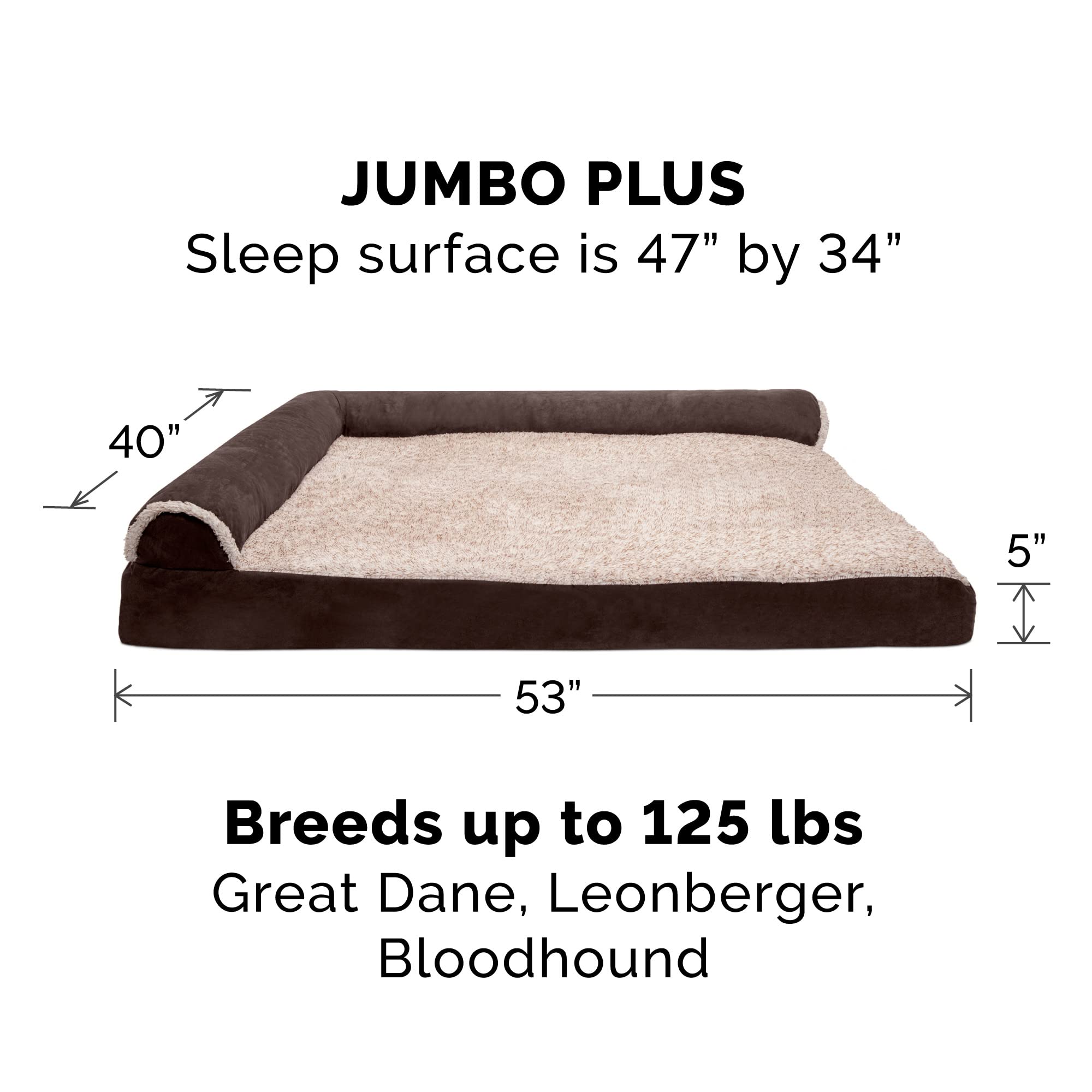 Furhaven Orthopedic Dog Bed For Large Dogs W/ Removable Bolsters & Washable Cover, For Dogs Up To 125 Lbs - Two-Tone Plush Faux Fur & Suede L Shaped Chaise - Espresso, Jumbo Plus/Xxl