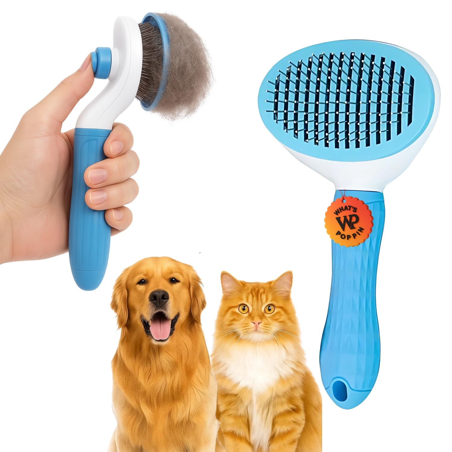 What's Poppin SelfCleaning Oval Pet Grooming Brush for Dogs & Cats | Steel Bristles for Detangling & Shedding | OneClick Hair 