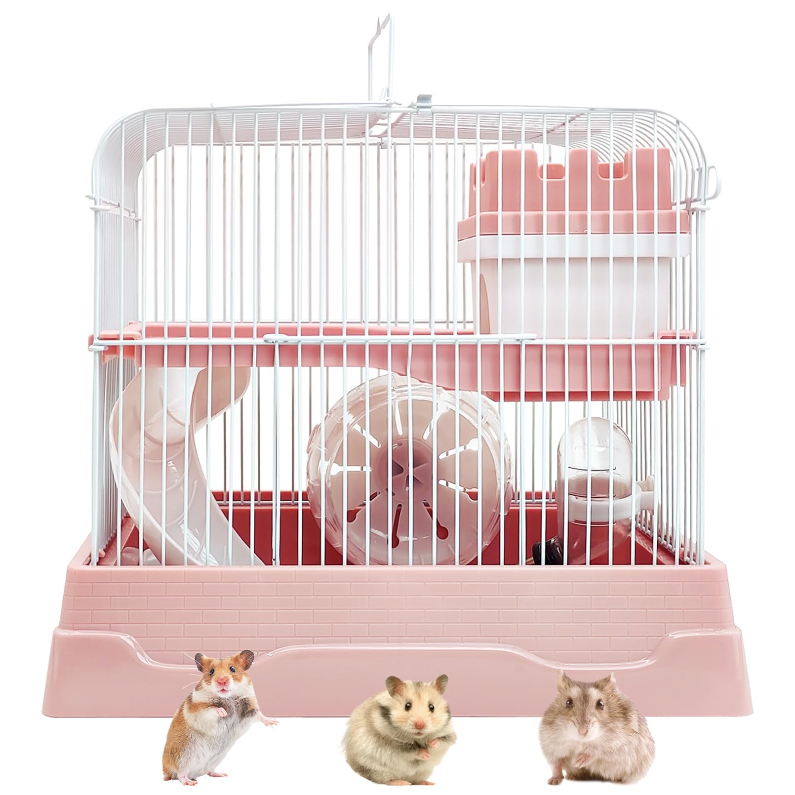 PINVNBY 2-Tier Dwarf Hamster Cage, Travel Portable Mouse Cage Gerbil Cages and Habitats Small Animal Carrier with Castle House R