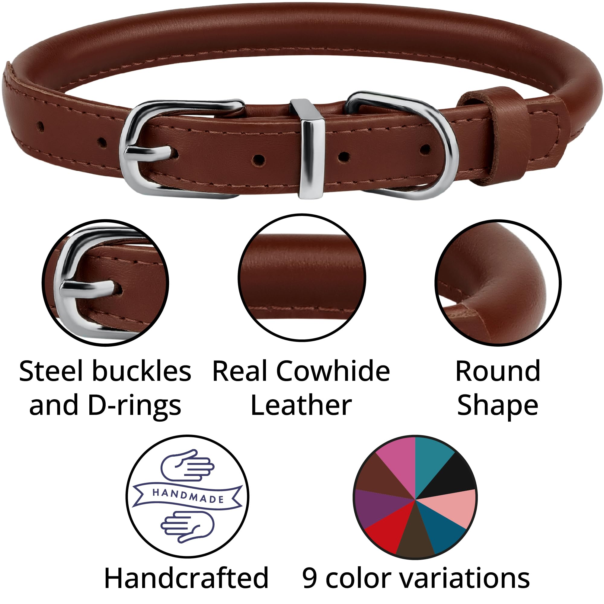 Bronzedog Rolled Leather Dog Collar For Small Medium Large Dogs With Qr Id Tag (M: 14-16 Inch, Chocolate Brown)