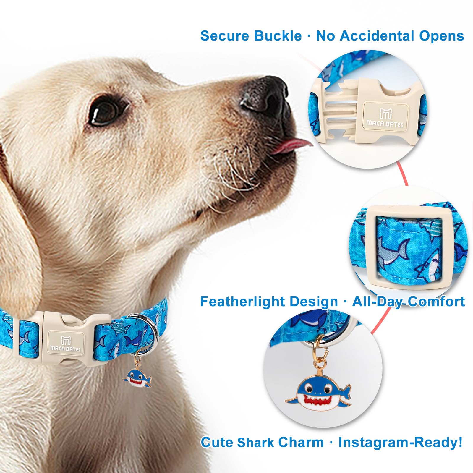 Maca Bates Summer Shark Basic Collar For Dog Adjustable Durable Soft Comfortable Blue Beach Sharks Dogs Collars Gift For Small M