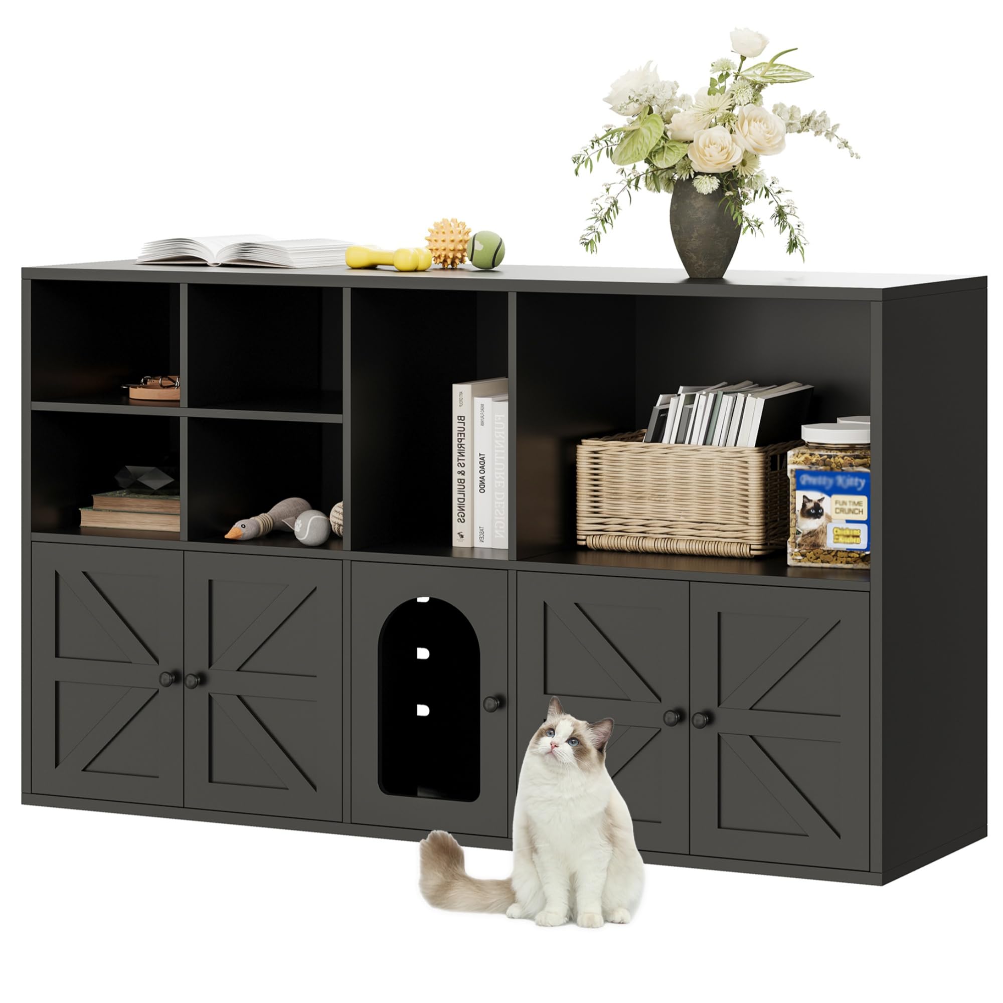 IRONCK Cat Litter Box Enclosure for 2 Cats, Litter Box Furniture Hidden with Double Room and Large Storage Space, Wooden Washroo