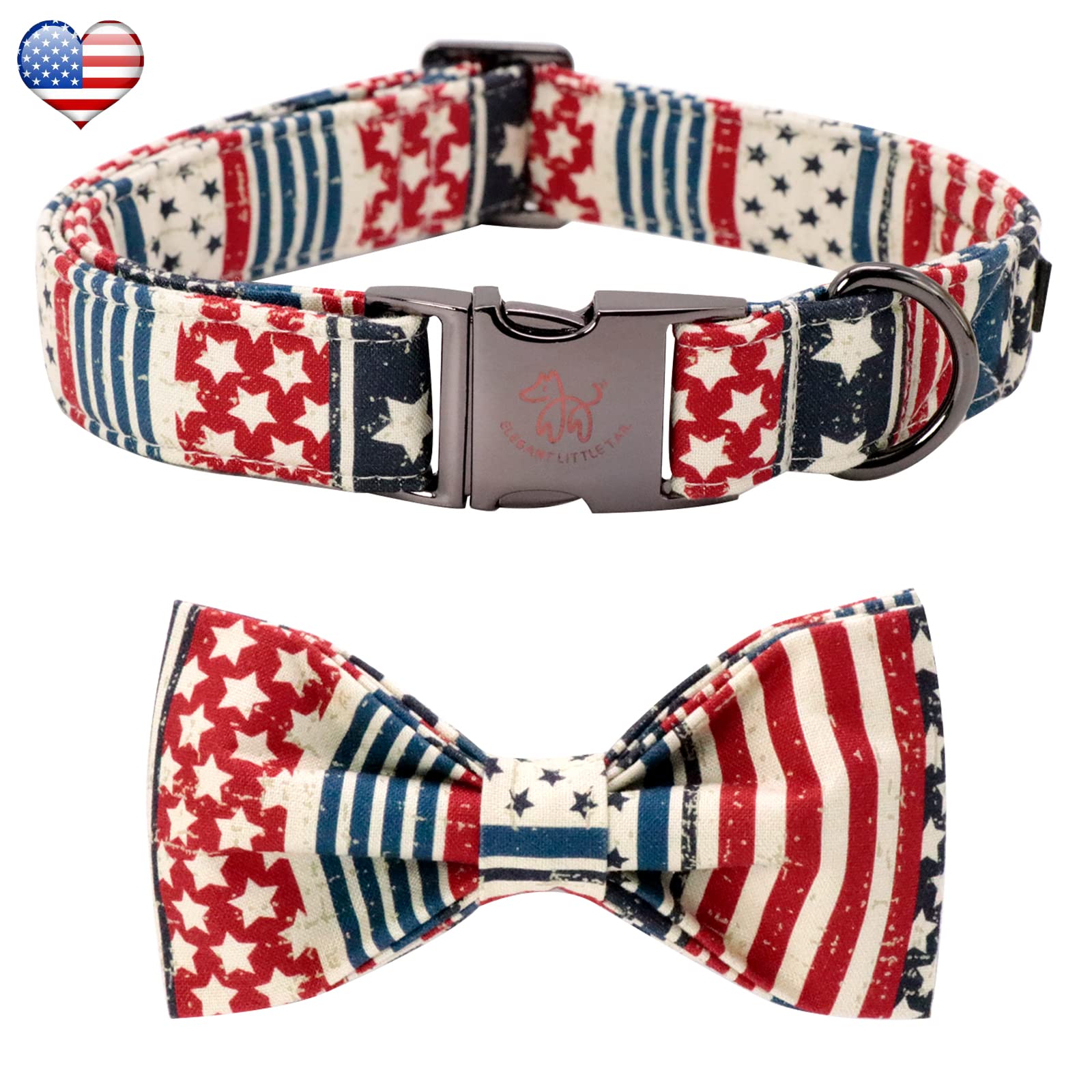 Elegant Little Tail X-Small American Flag Bowtie Dog Collar, Durable Cotton Construction, Reinforced Stitching And Hardware