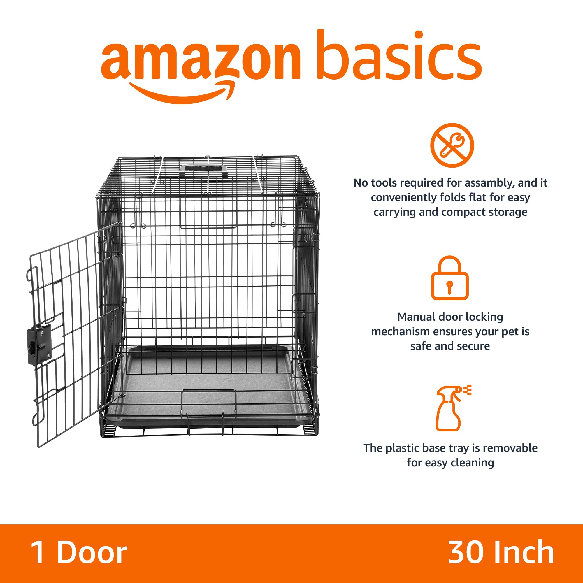 Amazon Basics Durable, Foldable Metal Wire Dog Crate With Tray, Single Door, 30 X 19 X 21 In, Black