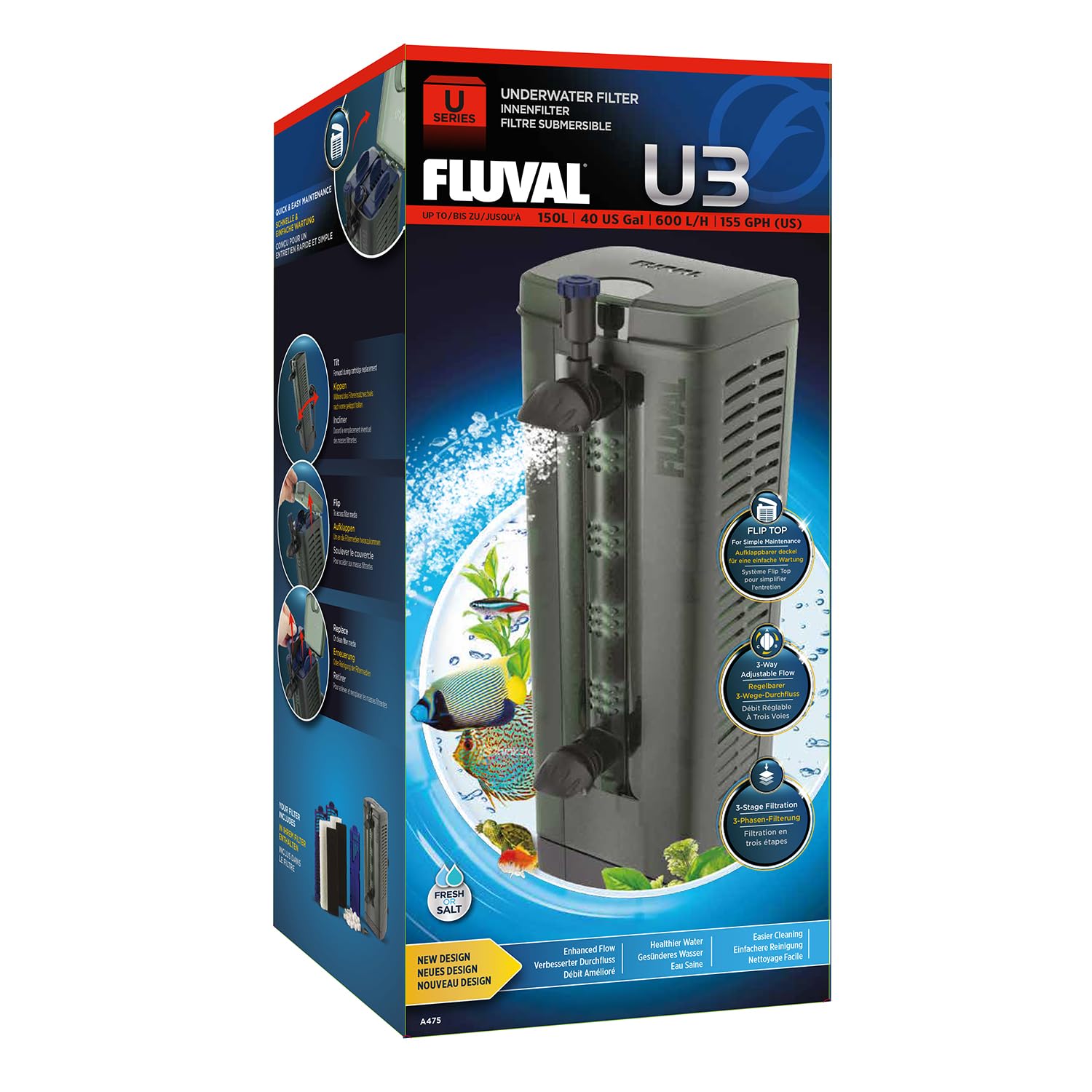 Fluval U3 Underwater Filter – Designed For Freshwater And Saltwater Aquariums, Also Ideal For Terrariums And Turtle Tanks