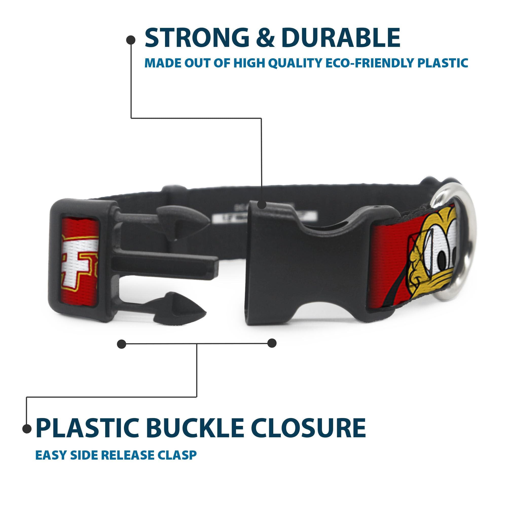 Dog Collar Plastic Clip Pluto 2 Pose Its A Ruff Life Red Yellow White 18 to 32 Inches 1.5 Inch Wide