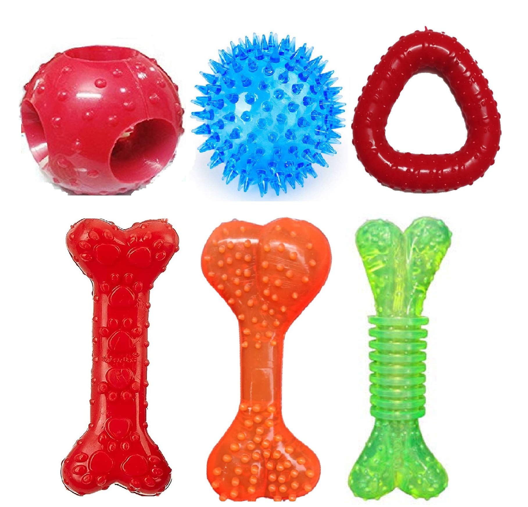PSK PET MART Dog Rubber Chew Toy Combo (Flavored Bone + Scented Hole Ball + Spike Led Ball + Trio Chew+Paw Print Rubber Bone+Rub