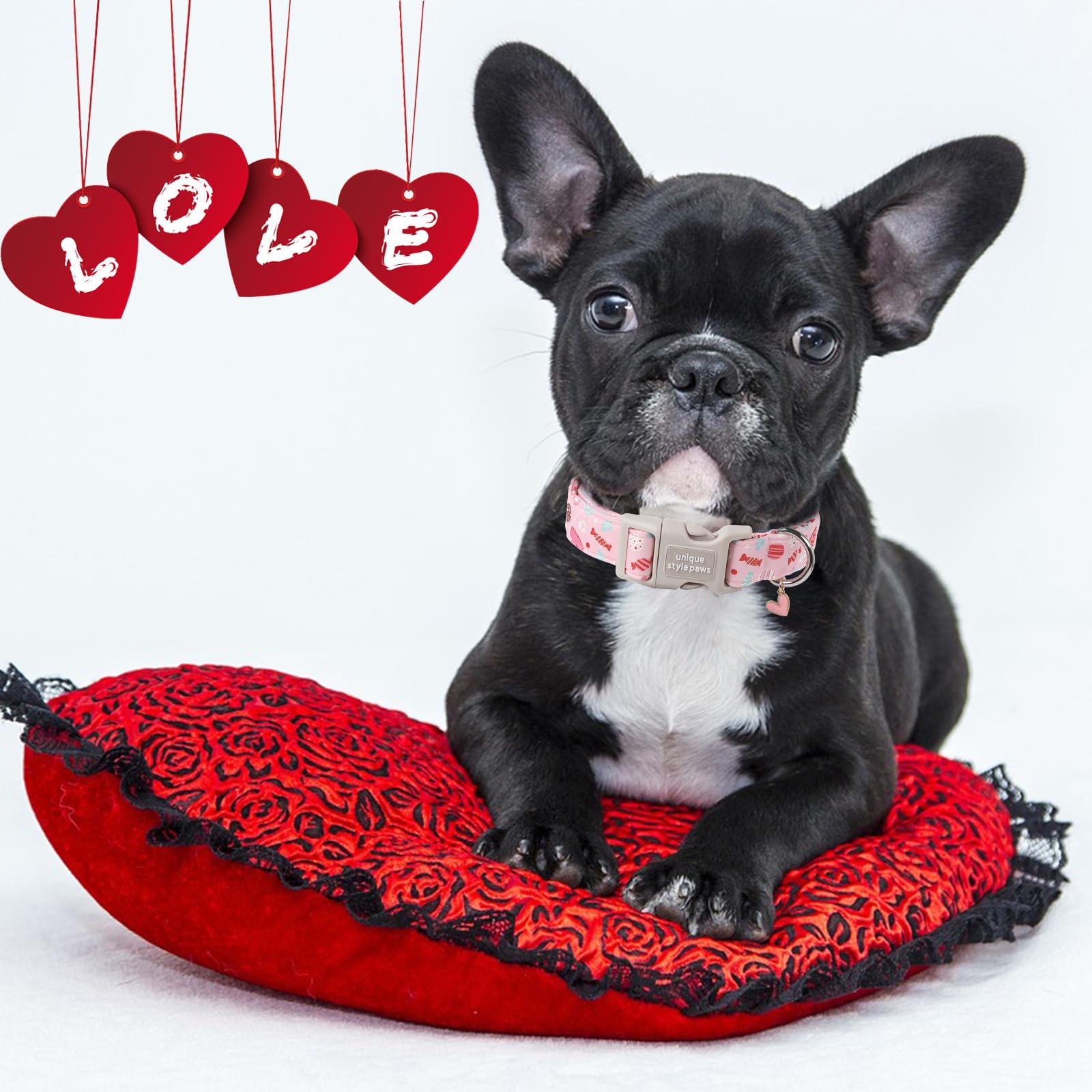 Unique Style Paws Valentine'S Dog Collar Heart Love Collar For Dog, Cotton, Adjustable, Pink, Extra Small, Xs, Plastic Buckle, H