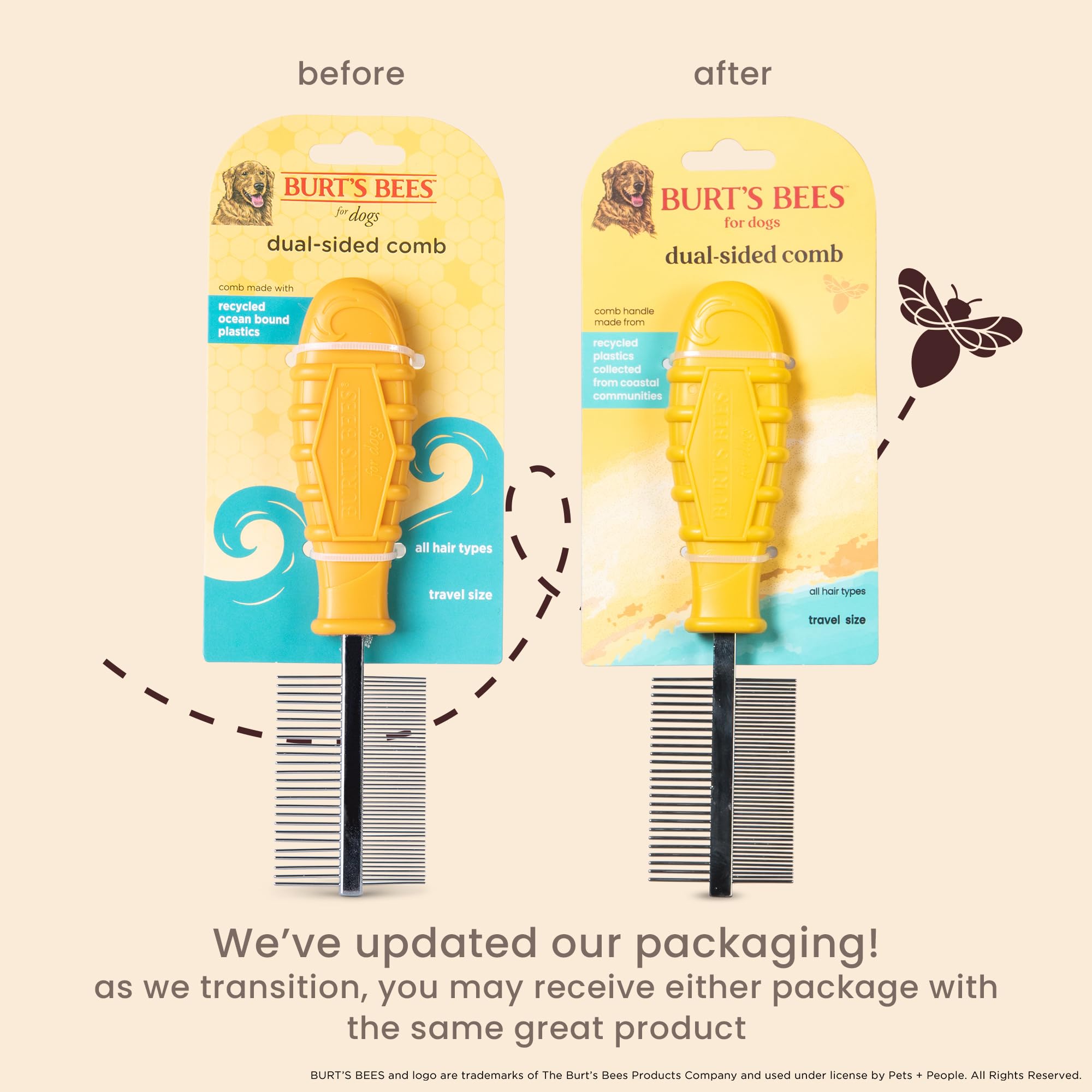 Burt'S Bees For Pets Dual Sided Grooming Comb With Handle From Recycled Plastics | 2-In-1 Tool For Pet Grooming And Flea Removal