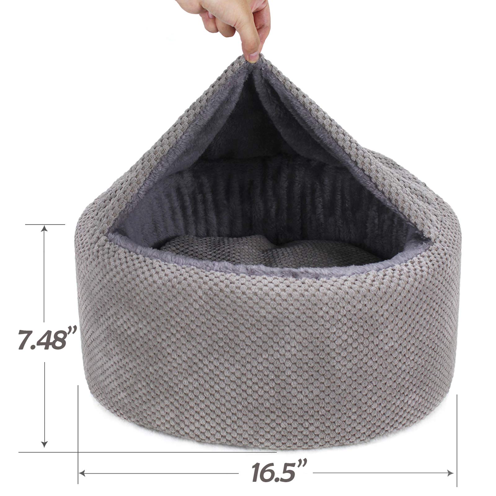 Winsterch Cat Bed, Soft Enclosed Round Cave, 16.5"x16.5"x7.48", Gray, Plush PP Cotton, Model MWL-HS, Indoor/Outdoor Use